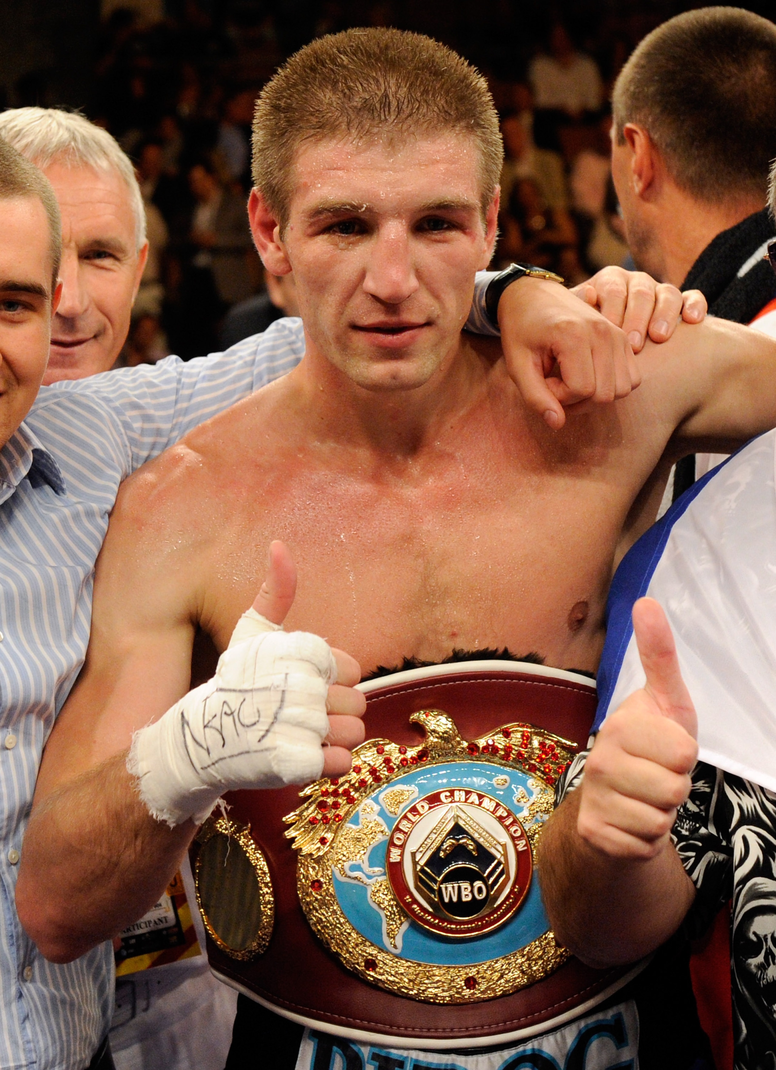 LAS VEGAS - JULY 31:  Dmitry Pirog celebrates his knockout victory over Daniel Jacobs to win the vacant WBO middleweight title at the Mandalay Bay Events Center July 31, 2010 in Las Vegas, Nevada.  (Photo by Ethan Miller/Getty Images)
