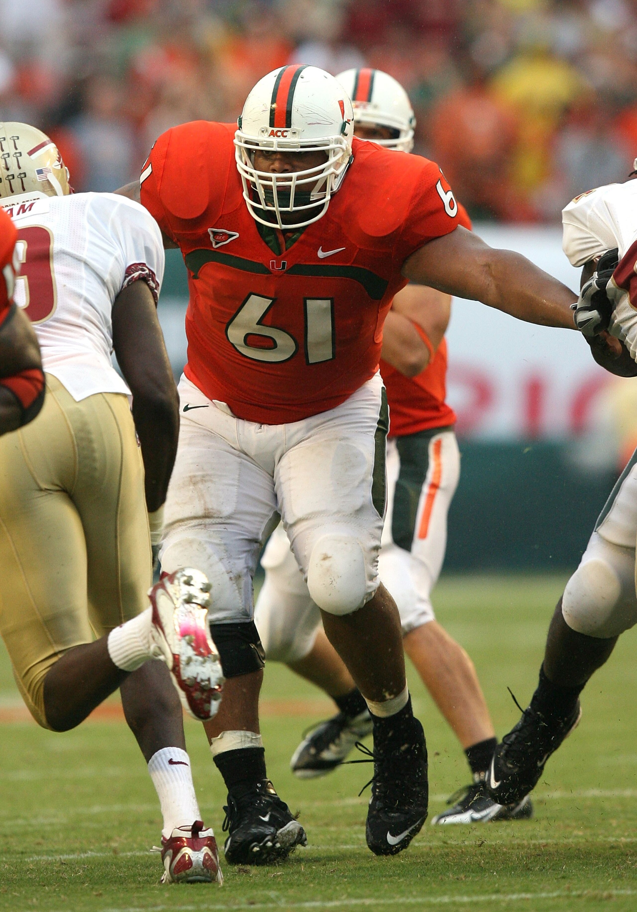MIAMI - OCTOBER 04:  Offensive lineman Joel Figueroa #61 of the Miami Hurricanes drops back to block against the Florida State Seminoles at Dolphin Stadium on October 4, 2008 in Miami, Florida. Florida State defeated Miami 41-39.  (Photo by Doug Benc/Gett