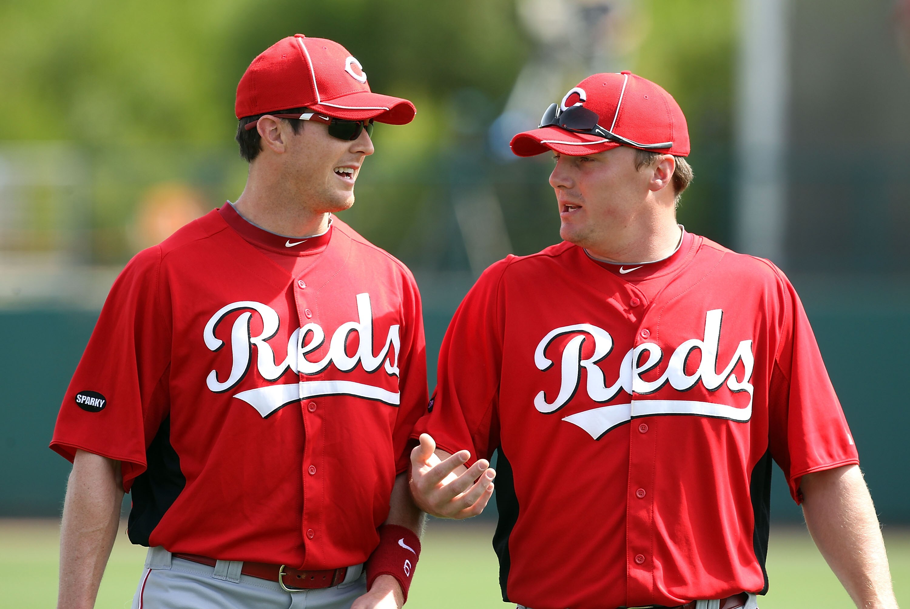GLENDALE, AZ - MARCH 05:  (L-R) Drew Stubbs #6 and Jay Bruce #32 of the Cincinnati Reds before the spring training game against the Los Angeles Dodgers at Camelback Ranch on March 5, 2011 in Glendale, Arizona.  (Photo by Christian Petersen/Getty Images)