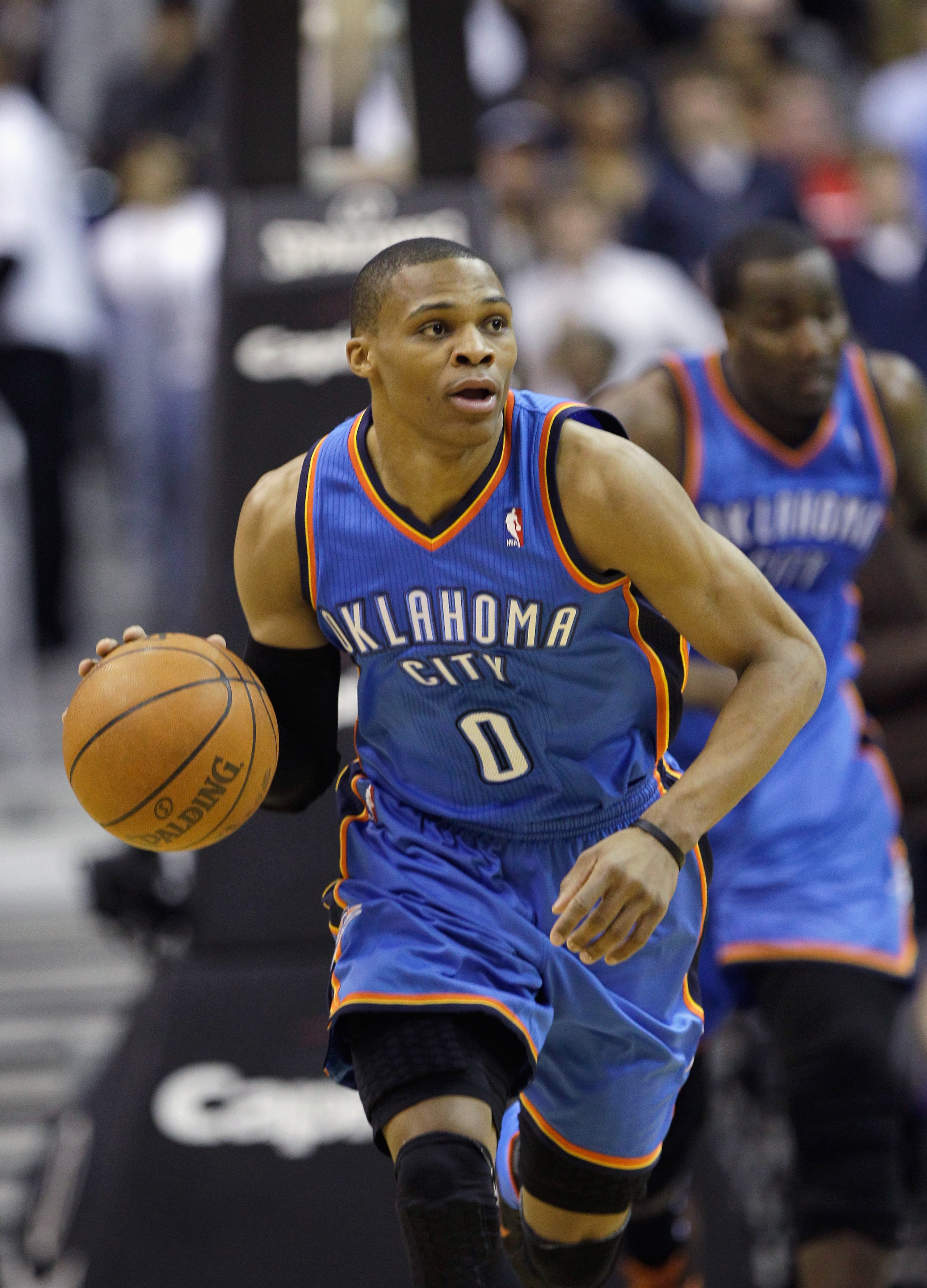 WASHINGTON, DC - MARCH 14: Russell Westbrook #0 of the Oklahoma City Thunder brings the ball up the floor against the Washington Wizards during the first half at the Verizon Center on March 14, 2011 in Washington, DC. NOTE TO USER: User expressly acknowle