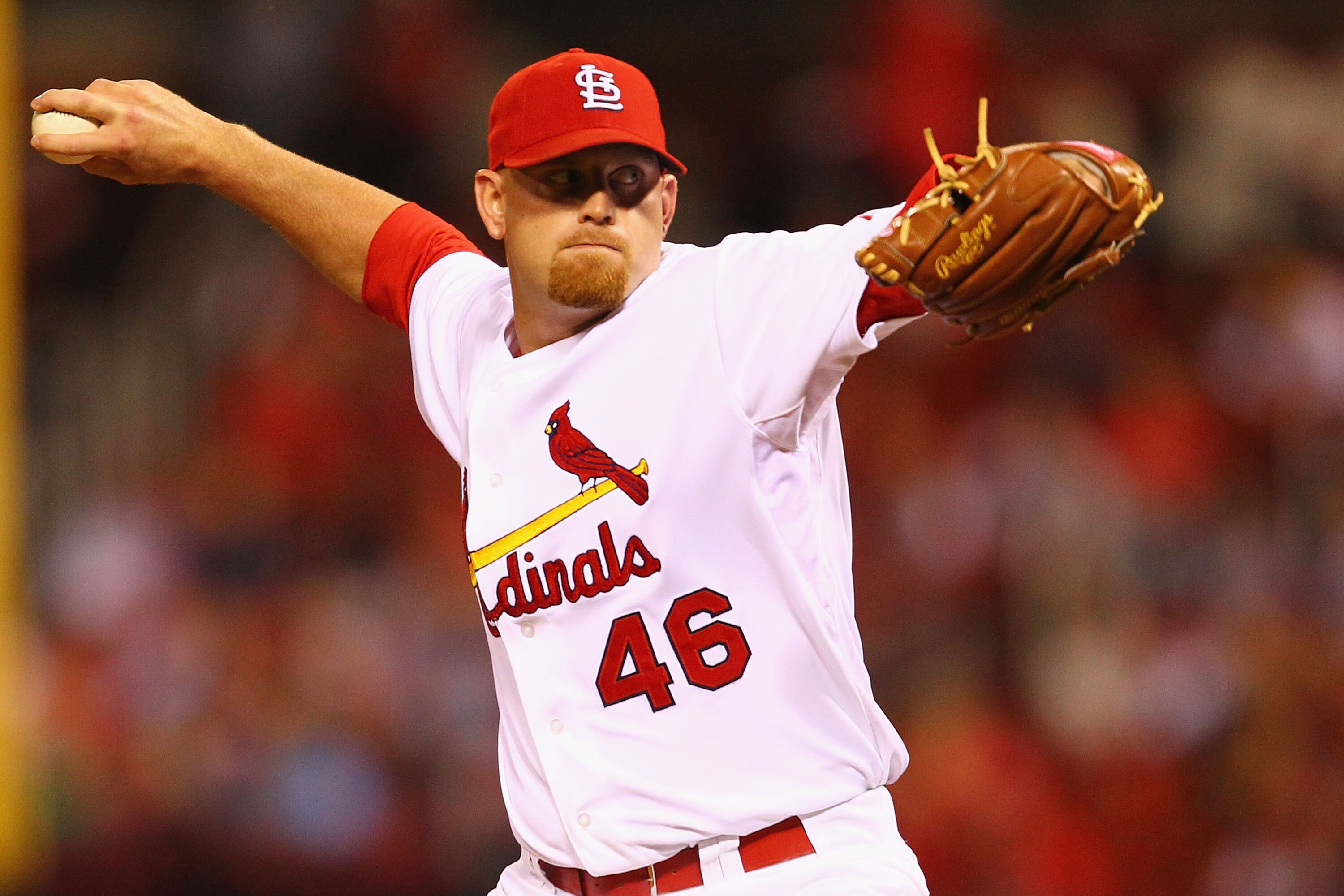ST. LOUIS - SEPTEMBER 16: Reliever Kyle McClellan #46 of the St. Louis Cardinals against the San Diego Padres at Busch Stadium on September 16, 2010 in St. Louis, Missouri.  (Photo by Dilip Vishwanat/Getty Images)