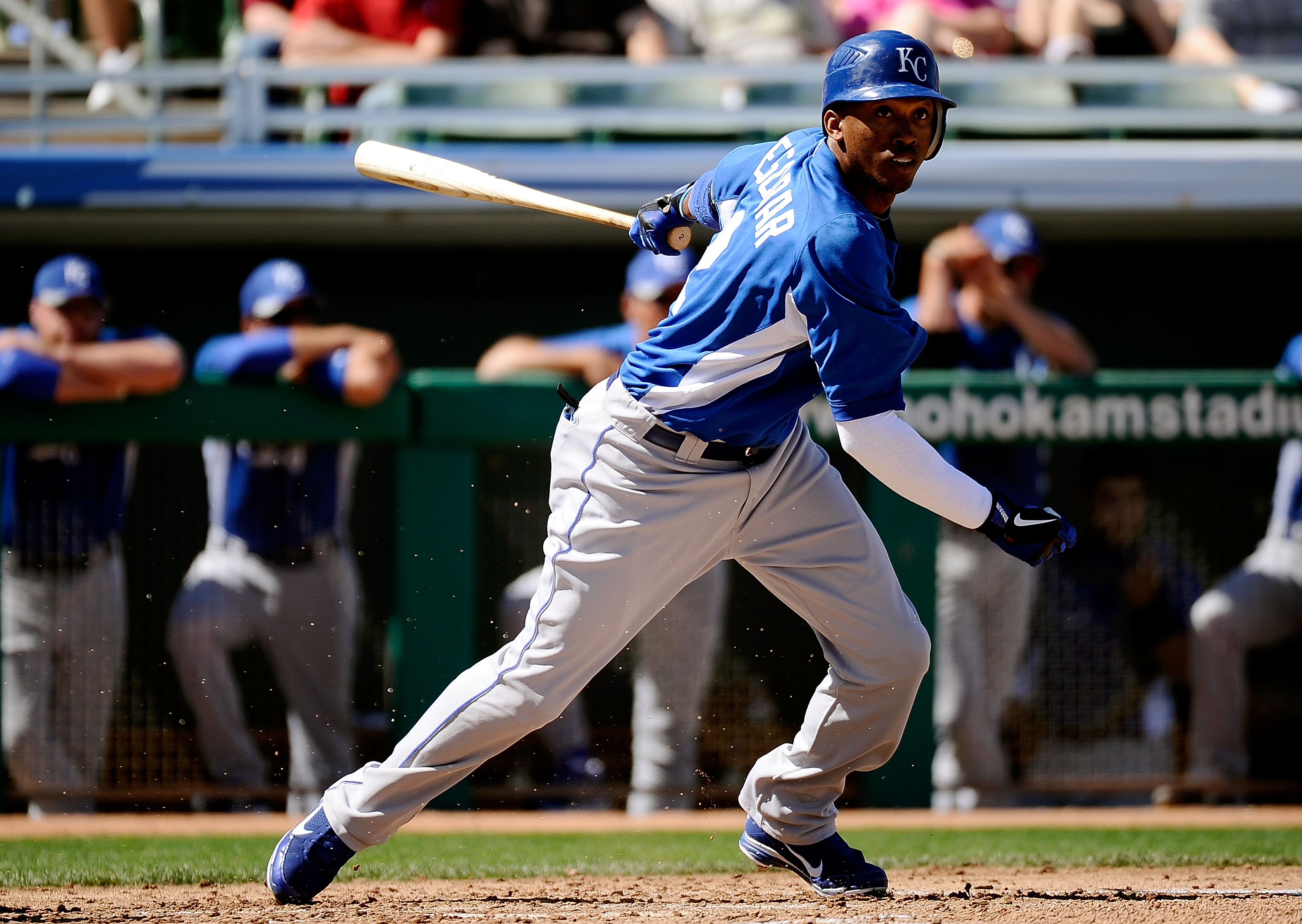 MESA, AZ - MARCH 09:  Alcides Escobar #2 of the Kansas City Royals at bat against the Chicago Cubs during the spring training baseball game at HoHoKam Stadium on March 9, 2011 in Mesa, Arizona.  (Photo by Kevork Djansezian/Getty Images)