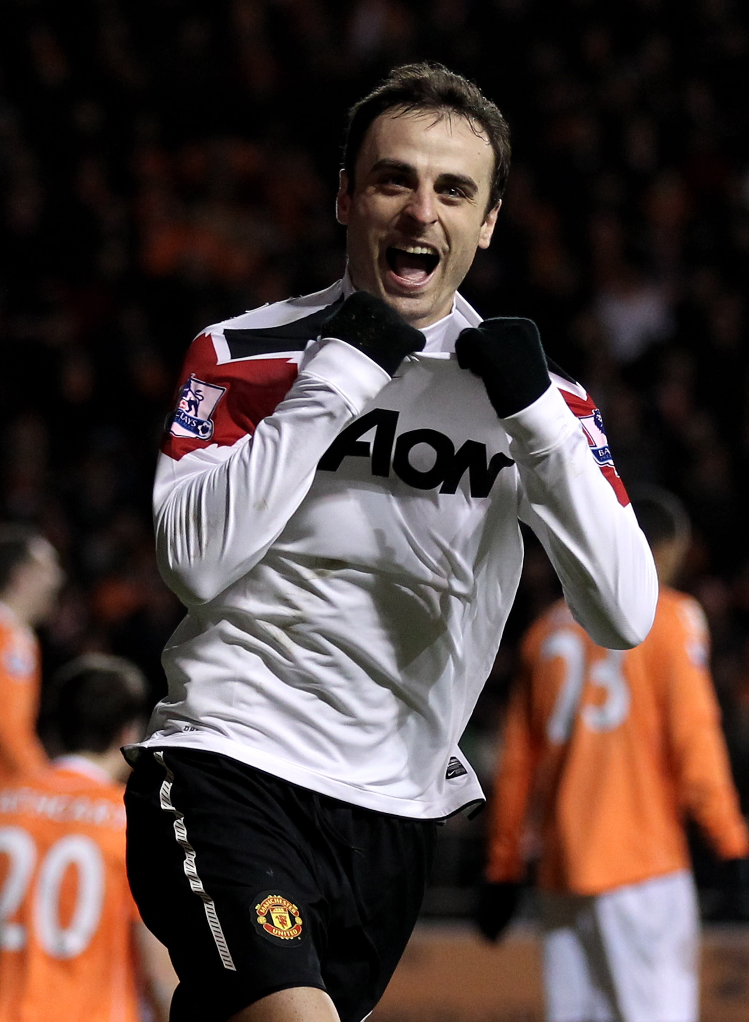 BLACKPOOL, ENGLAND - JANUARY 25:  Dimitar Berbatov of Manchester United celebrates scoring his team's third goal during the Barclays Premier League match between Blackpool and Manchester United at Bloomfield Road on January 25, 2011 in Blackpool, England.