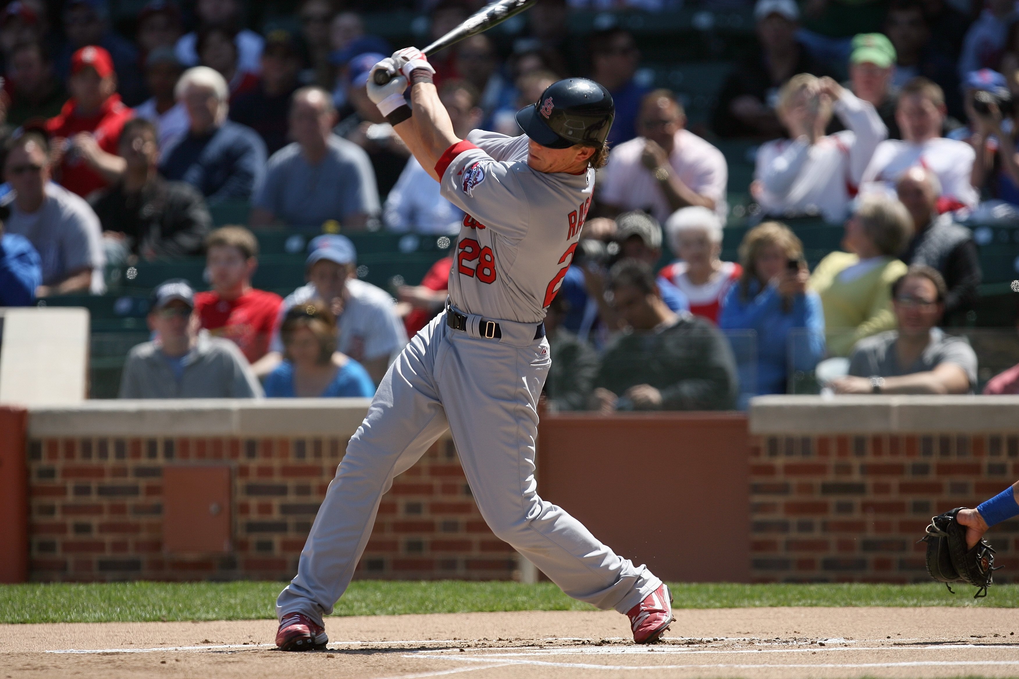 CHICAGO - APRIL 17:  Colby Rasmus #28 of the St. Louis Cardinals bats against the Chicago Cubs on April 17, 2009 at Wrigley Field in Chicago, Illinois. (Photo by Jonathan Daniel/Getty Images)