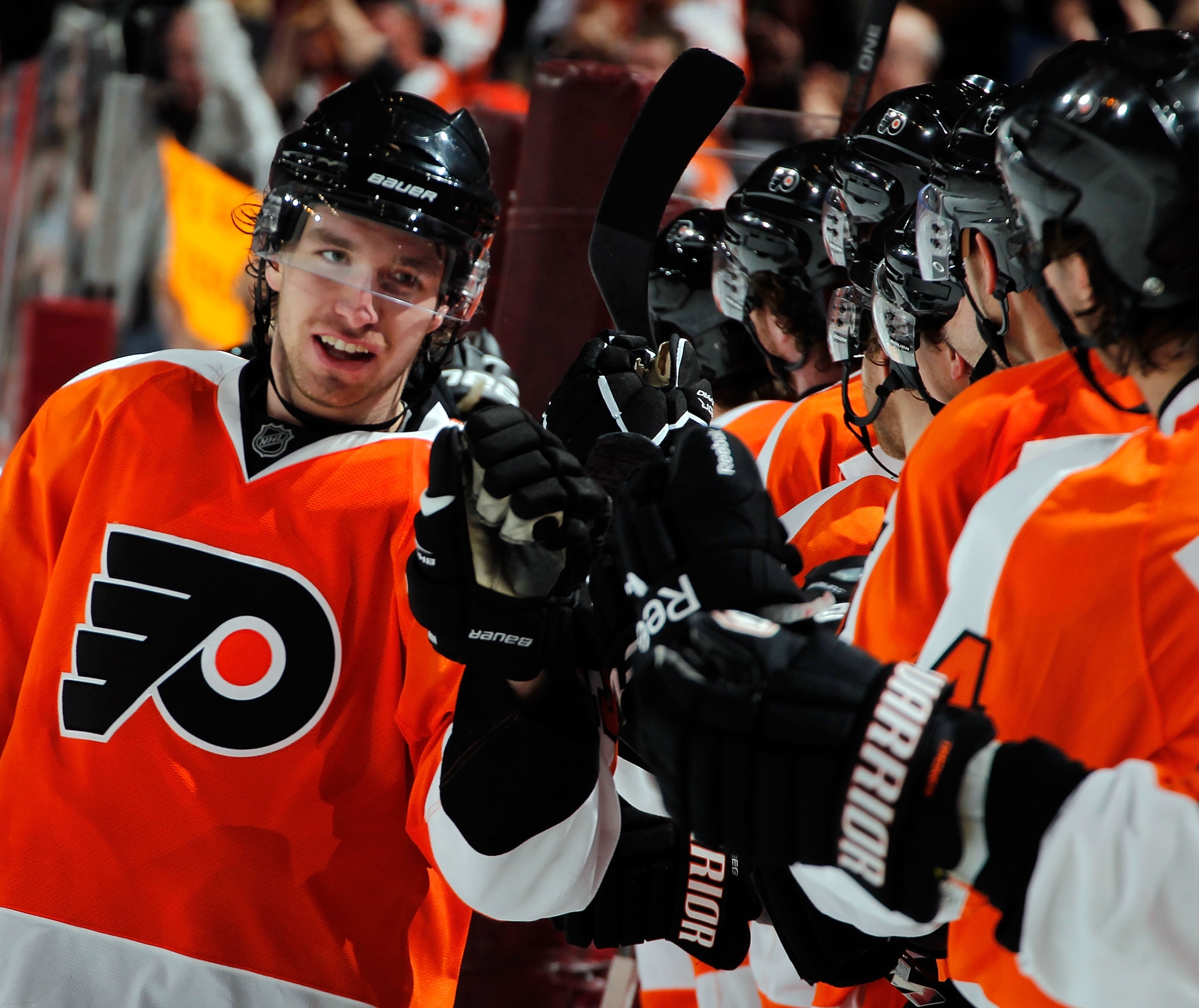 PHILADELPHIA, PA - MARCH 22:  Andreas Nodl #15 of the Philadelphia Flyers celebrates a goal with teammates during an NHL hockey game against the Washington Capitals at the Wells Fargo Center on March 22, 2011 in Philadelphia, Pennsylvania.  (Photo by Paul