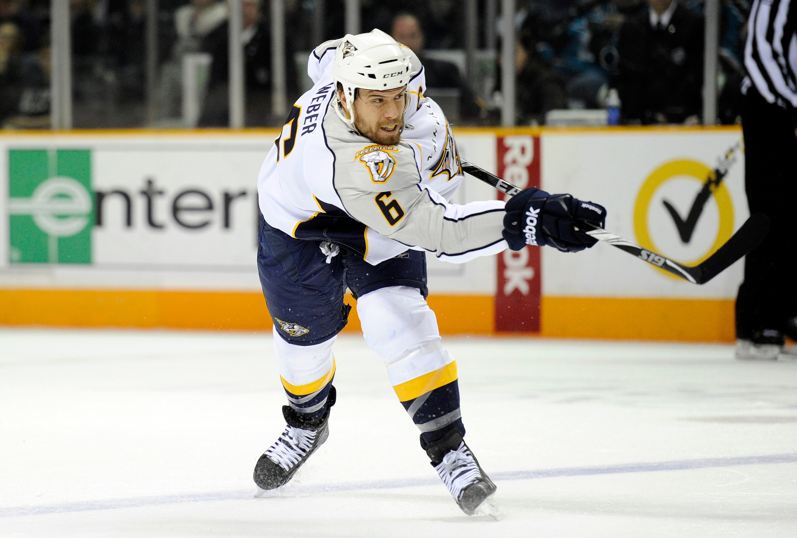 SAN JOSE, CA - MARCH 8: Shea Weber #6 of the Nashville Predators shoots on goal against the San Jose Sharks in the first period of an NHL hockey game at the HP Pavilion on March 8, 2011 in San Jose, California. (Photo by Thearon W. Henderson/Getty Images) SAN JOSE, CA - MARCH 8: Shea Weber #6 of the Nashville Predators shoots on goal against the San Jose Sharks in the first period of an NHL hockey game at the HP Pavilion on March 8, 2011 in San Jose, California. (Photo by Thearon W. Henderson/Getty Images)