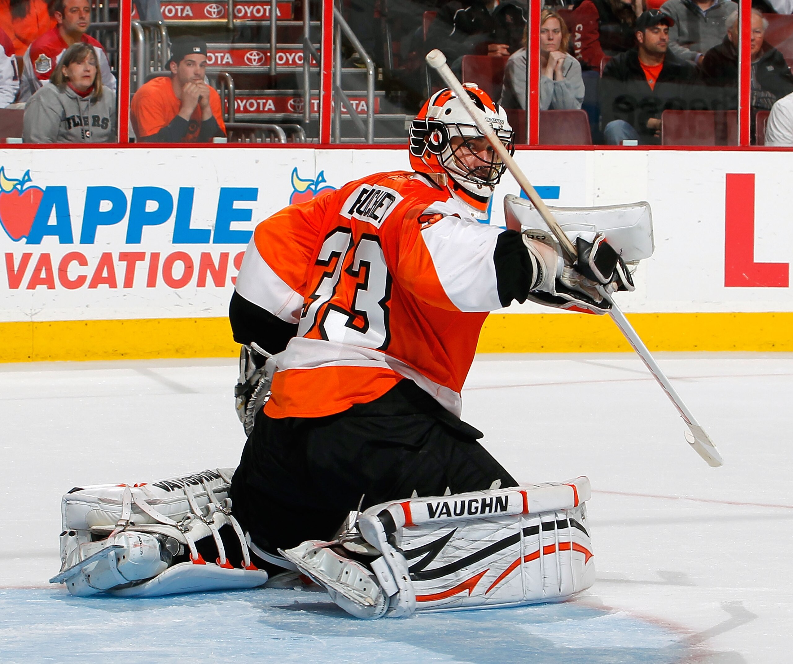 PHILADELPHIA, PA - MARCH 22:  Goalie Brian Boucher #33 of the Philadelphia Flyers makes save during an NHL hockey game against the Washington Capitals at the Wells Fargo Center on March 22, 2011 in Philadelphia, Pennsylvania.  (Photo by Paul Bereswill/Get