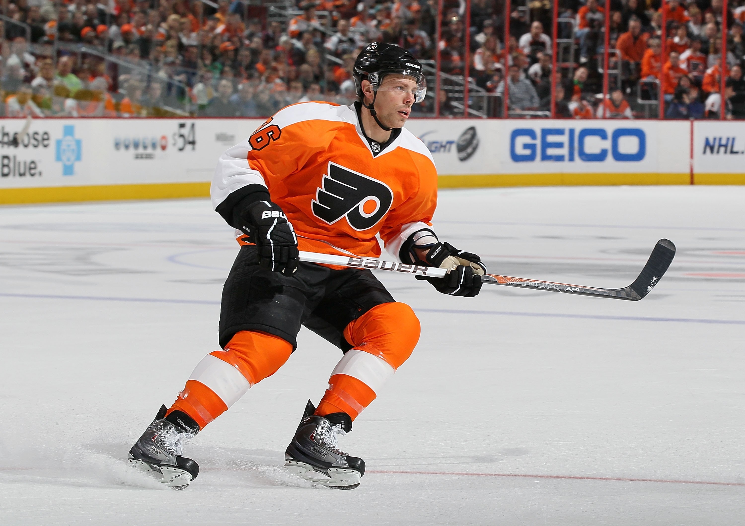 PHILADELPHIA, PA - MARCH 12: Darroll Powe #36 of the Philadelphia Flyers skates against the Atlanta Thrashers on March 12, 2011 at Wells Fargo Center in Philadelphia, Pennsylvania.  (Photo by Jim McIsaac/Getty Images)