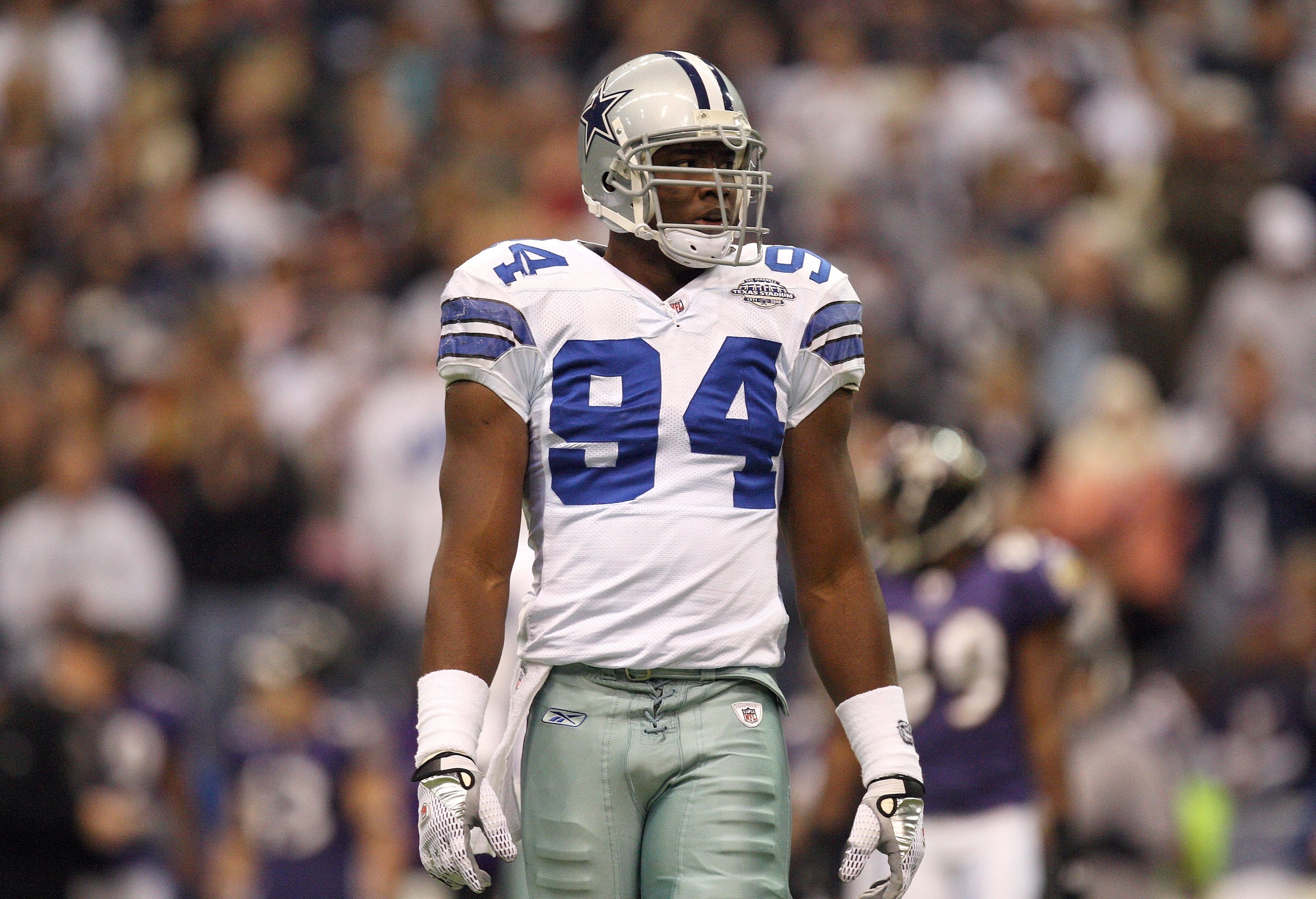 IRVING, TX - DECEMBER 20:  DeMarcus Ware #94 of the Dallas Cowboys looks on during their NFL game against the Baltimore Ravens at Texas Stadium on December 20, 2008 in Irving, Texas. The Ravens defeated the Cowboys 33-24. (Photo by Ronald Martinez/Getty I