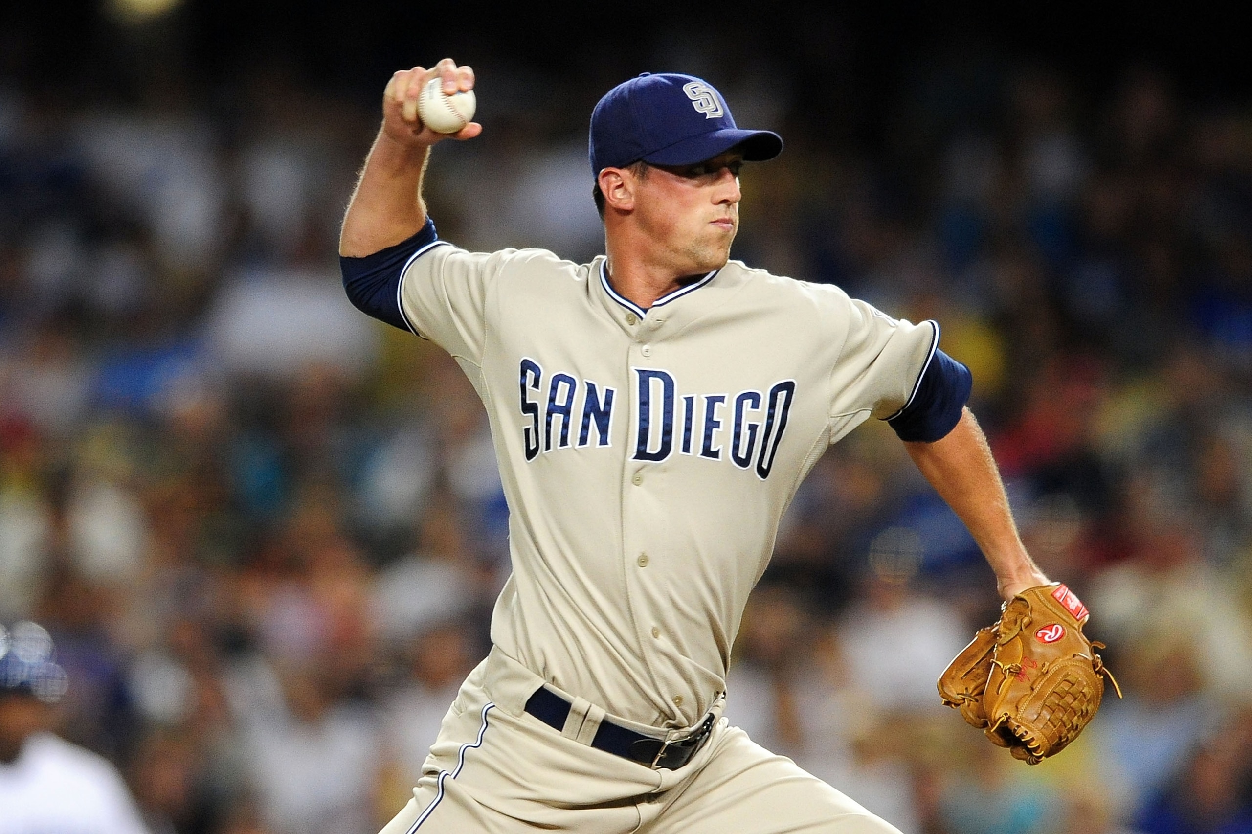 LOS ANGELES, CA - SEPTEMBER 04: Luke  Gregerson #57 of the San Diego Padres pitches against the Los Angeles Dodgers on September 4, 2009 at Dodger Stadium in Los Angeles, California. (Photo by Jacob de Golish/Getty Images)