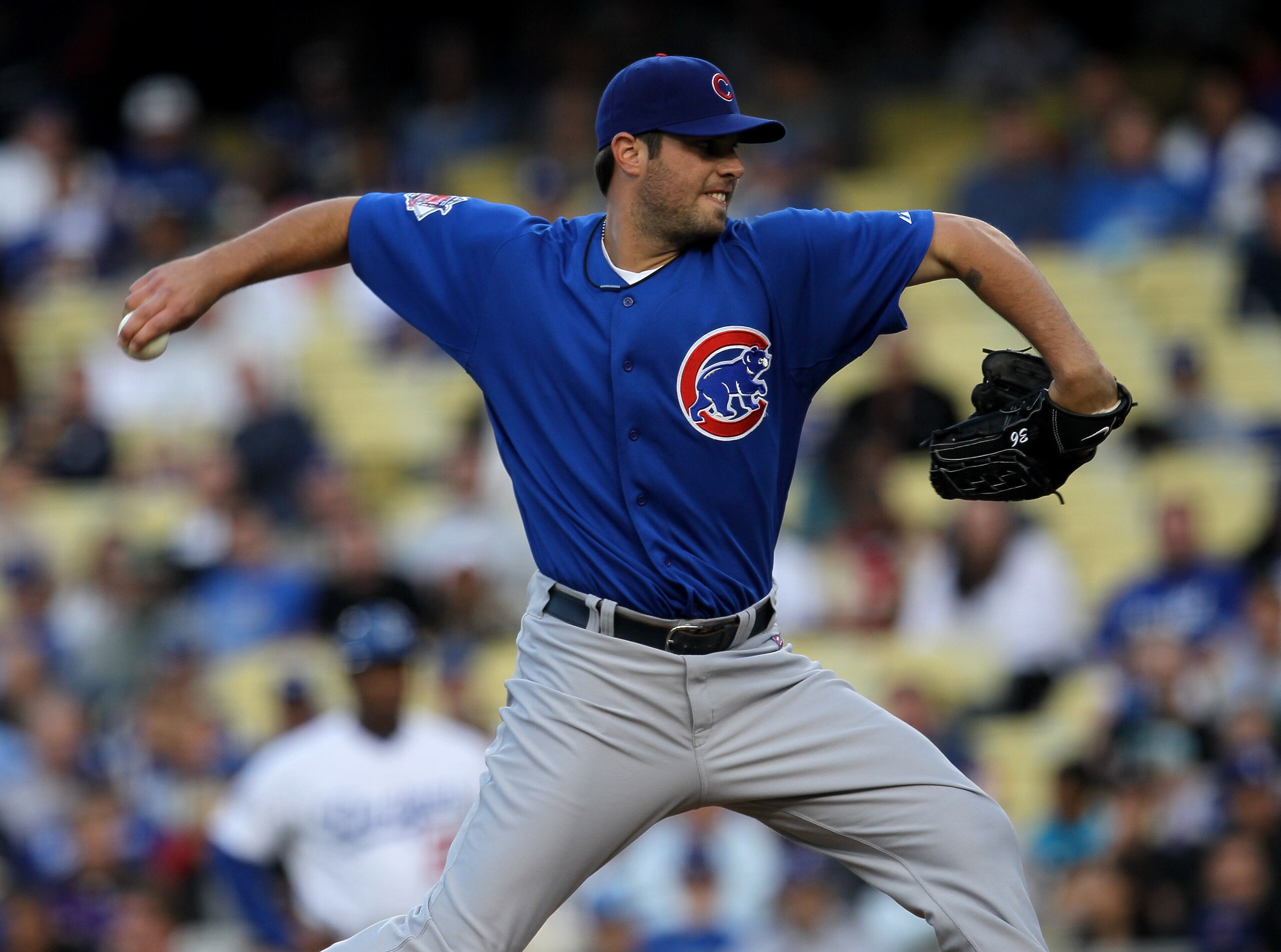 LOS ANGELES, CA - JULY 08:  Randy Wells #36 of the Chicago Cubs throws a pitch against the Los Angeles Dodgers on July 8, 2010 at Dodger Stadium in Los Angeles, California.  (Photo by Stephen Dunn/Getty Images)