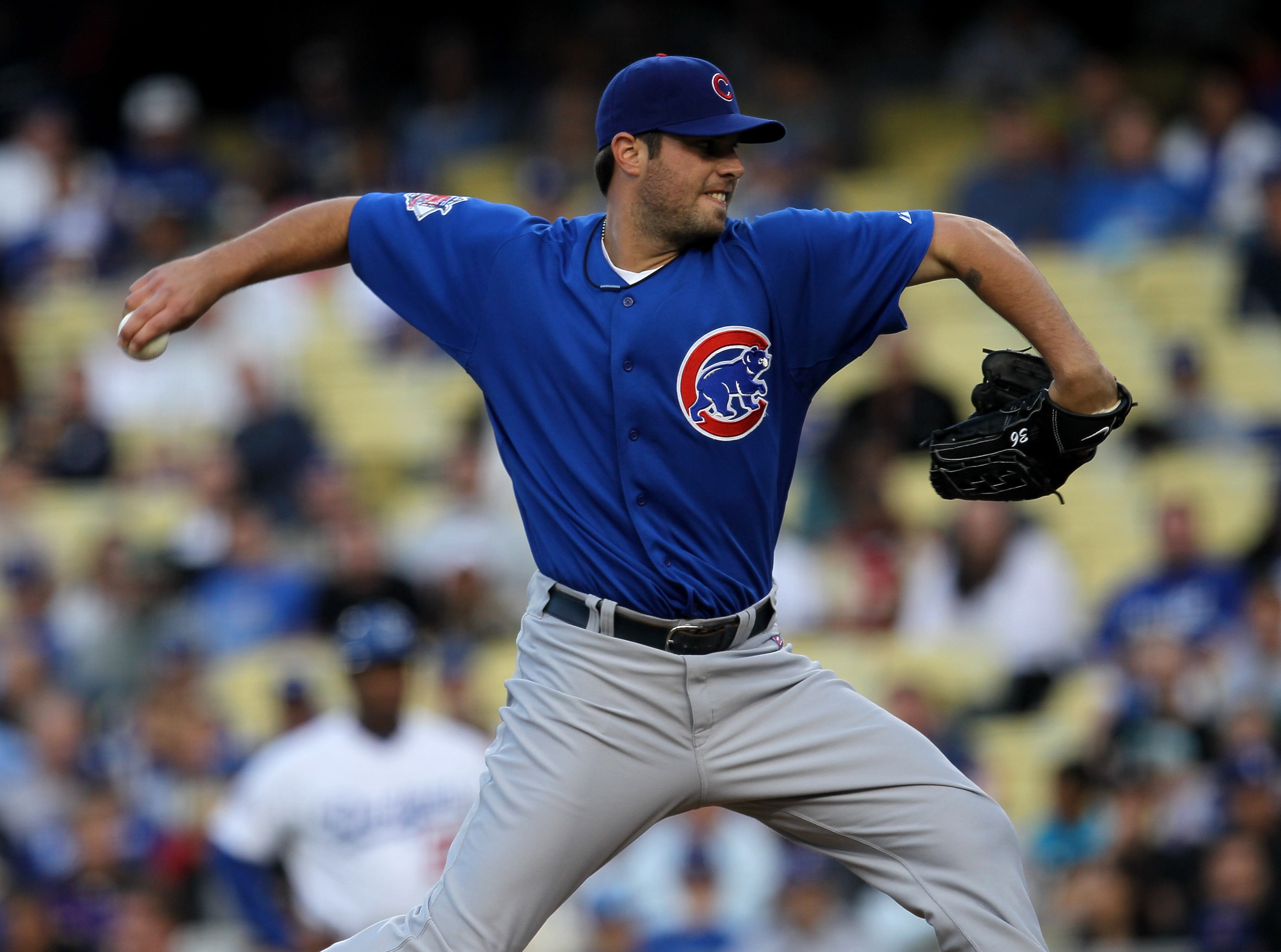 LOS ANGELES, CA - JULY 08:  Randy Wells #36 of the Chicago Cubs throws a pitch against the Los Angeles Dodgers on July 8, 2010 at Dodger Stadium in Los Angeles, California.  (Photo by Stephen Dunn/Getty Images)