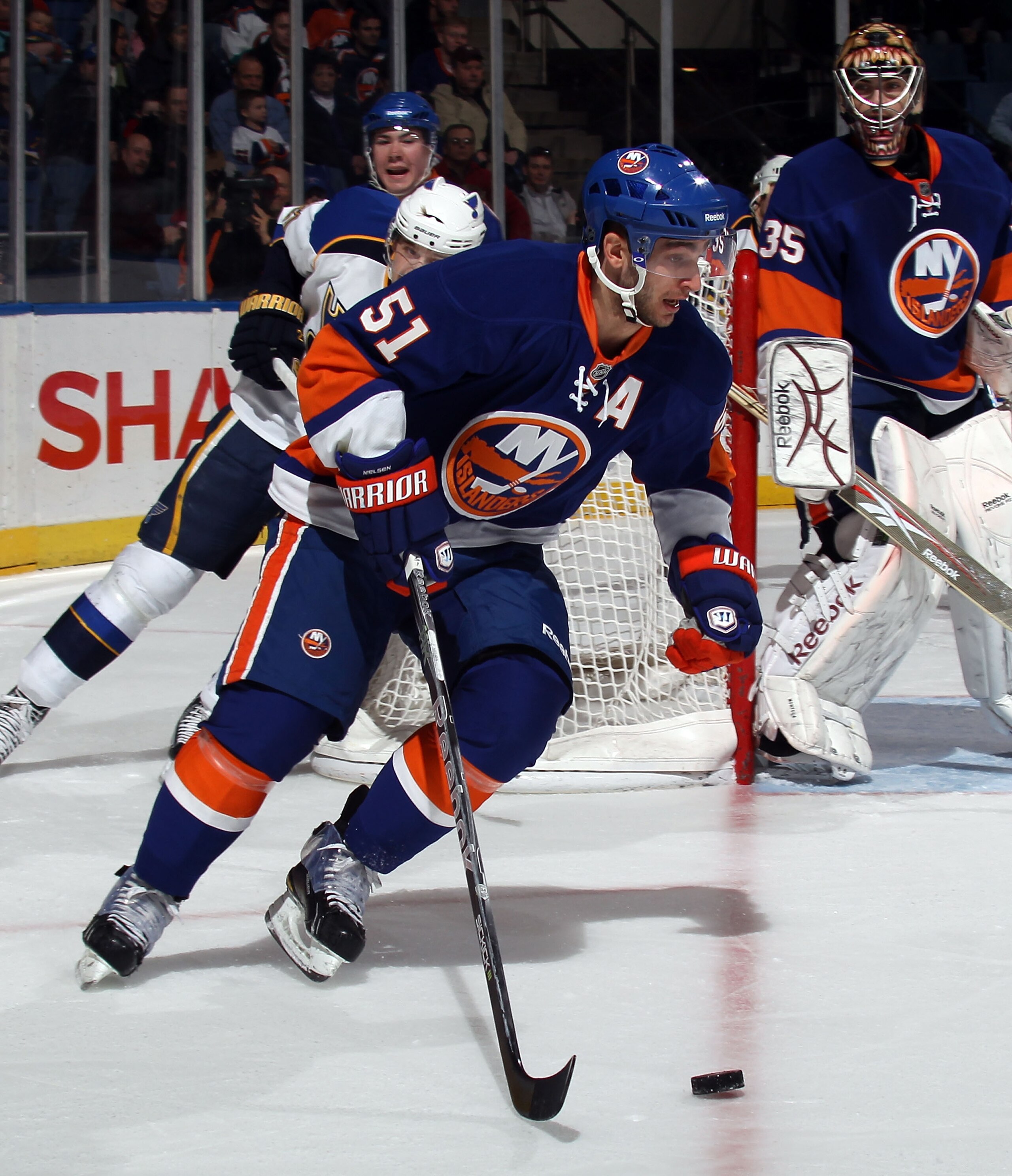 UNIONDALE, NY - MARCH 05: Frans Nielsen #51 of the New York Islanders skates against the St. Louis Blues at the Nassau Coliseum on March 5, 2011 in Uniondale, New York. (Photo by Bruce Bennett/Getty Images) UNIONDALE, NY - MARCH 05: Frans Nielsen #51 of the New York Islanders skates against the St. Louis Blues at the Nassau Coliseum on March 5, 2011 in Uniondale, New York. (Photo by Bruce Bennett/Getty Images)