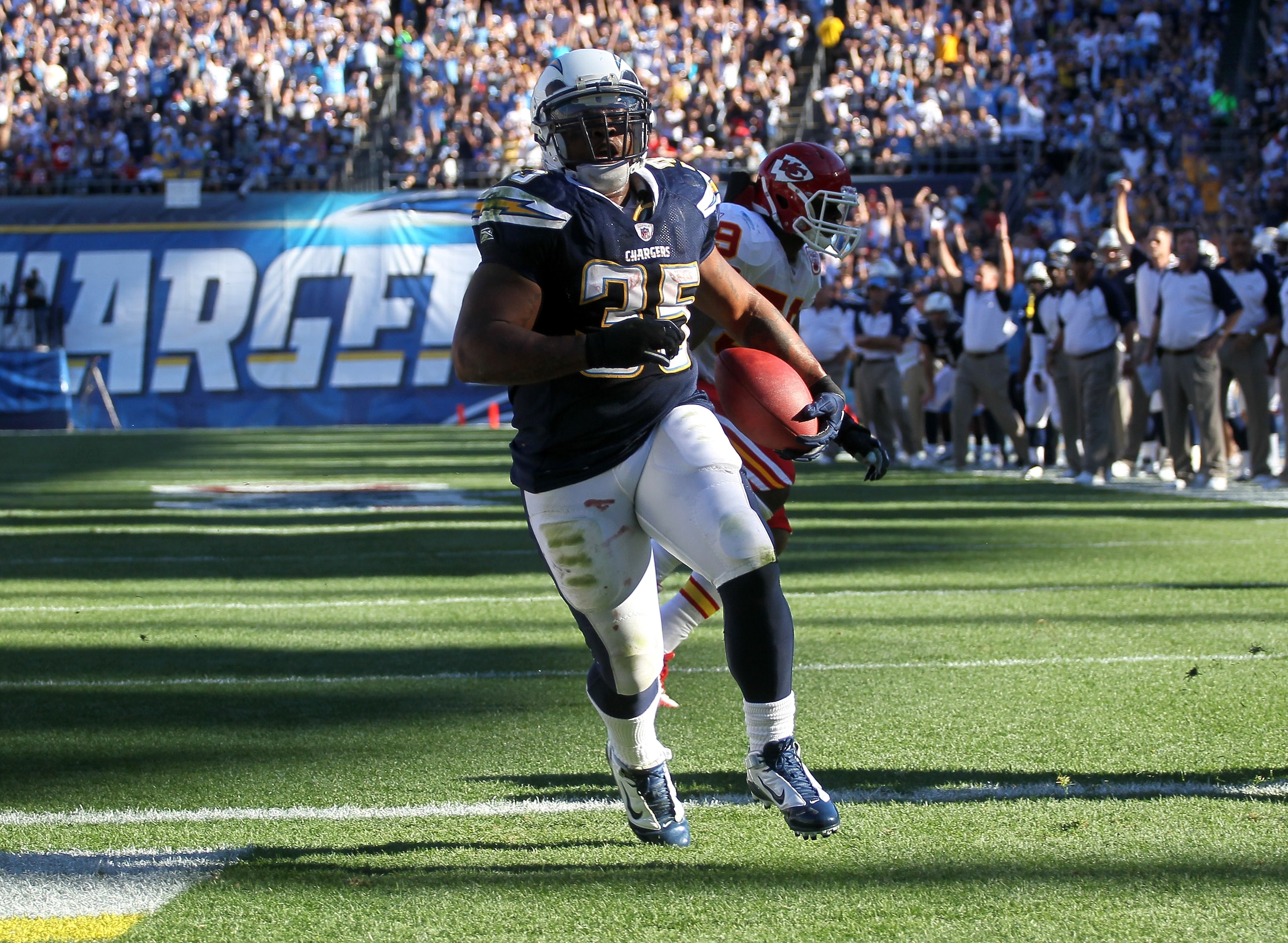 SAN DIEGO - DECEMBER 12:  Running back Mike Tolbert #35 of the San Diego Chargers crosses the goal line on an eight yard touchdown run against the Kansas City Chiefs at Qualcomm Stadium on December 12, 2010 in San Diego, California.  (Photo by Stephen Dun