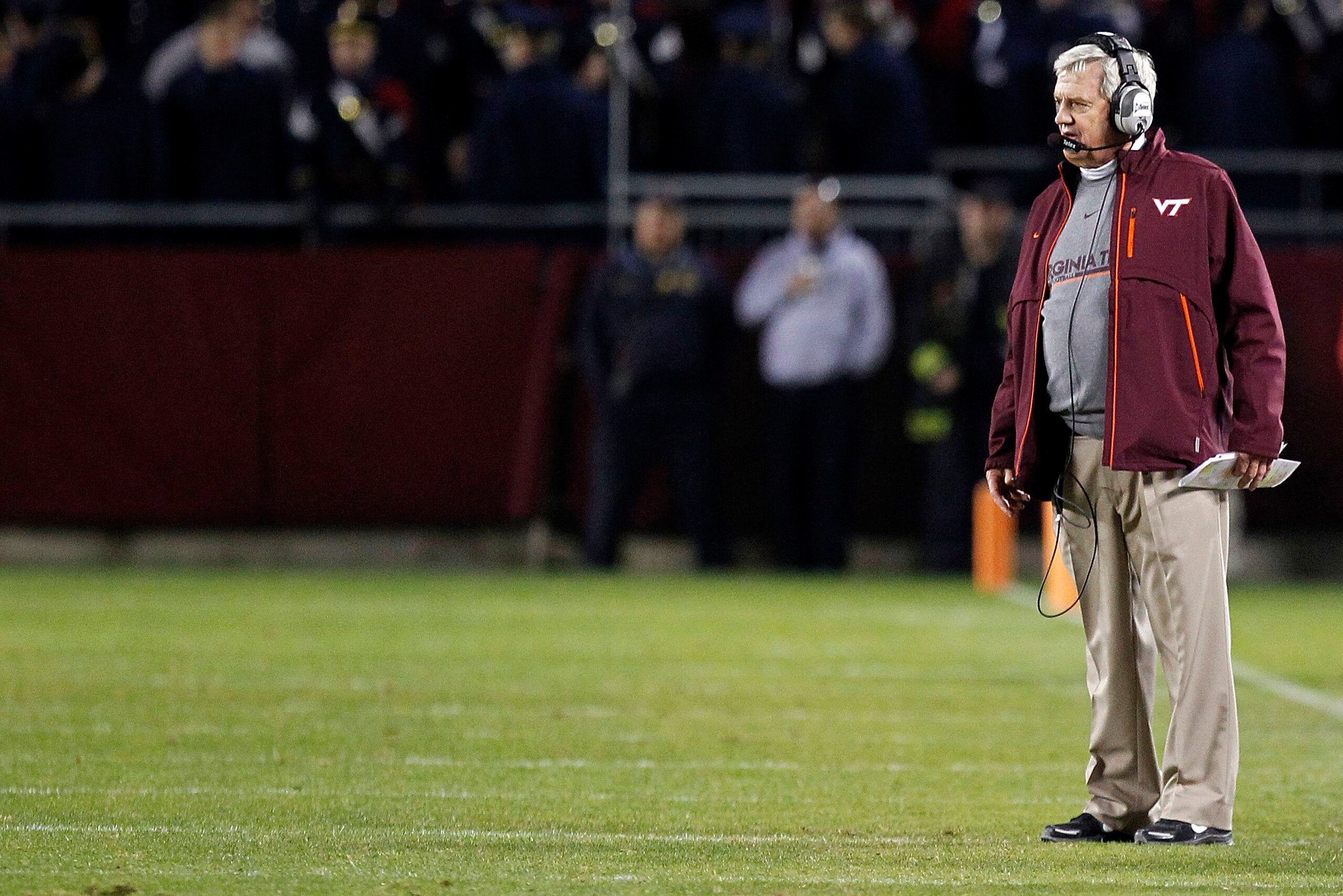 BLACKSBURG, VA - NOVEMBER 04: Head coach Frank Beamer of the Virginia Tech Hokies watches from the sidelines against the Georgia Tech Yellow Jackets at Lane Stadium on November 4, 2010 in Blacksburg, Virginia.  (Photo by Geoff Burke/Getty Images)