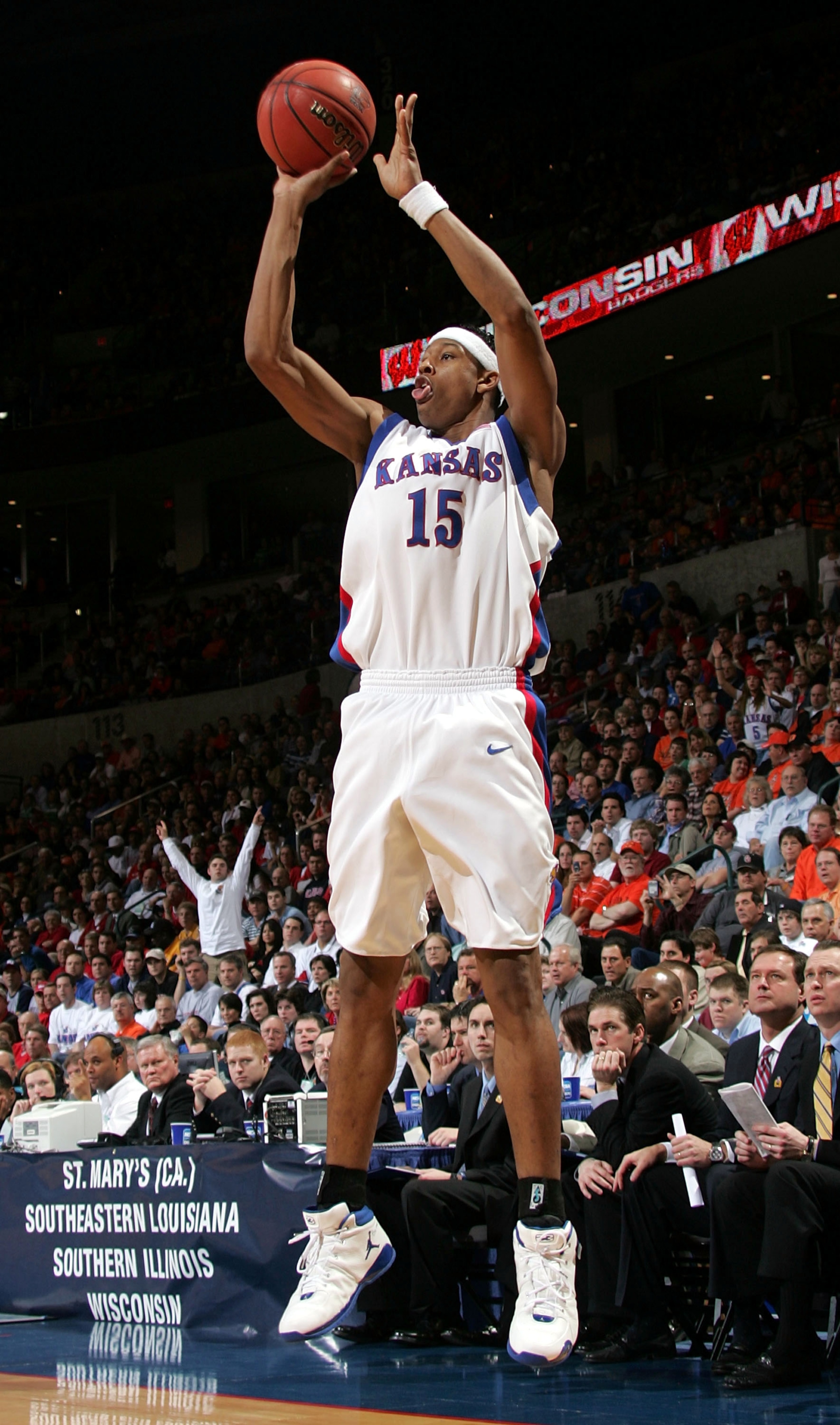 OKLAHOMA CITY - MARCH 18:  J.R. Giddens #15 of the Kansas Jayhawks shoots a three-pointer in the second half against the Bucknell Bison in the first round of the NCAA Men's Basketball Championship on March 18, 2005 at the Ford Center in Oklahoma City, Okl