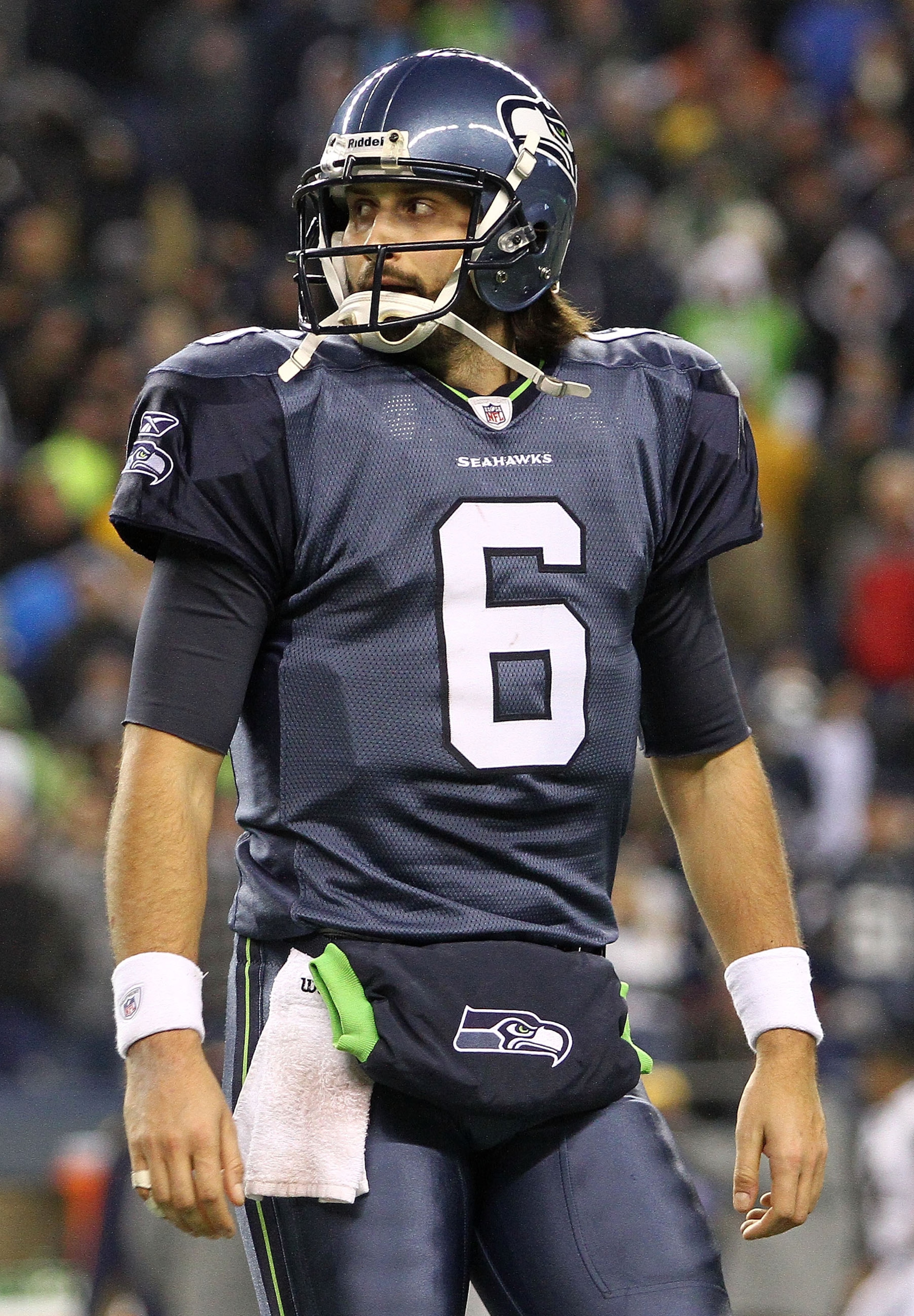 SEATTLE, WA - JANUARY 02:  Quarterback Charlie Whitehurst #6 of the Seattle Seahawks stands on the field during their game against the St. Louis Rams at Qwest Field on January 2, 2011 in Seattle, Washington.  (Photo by Otto Greule Jr/Getty Images)