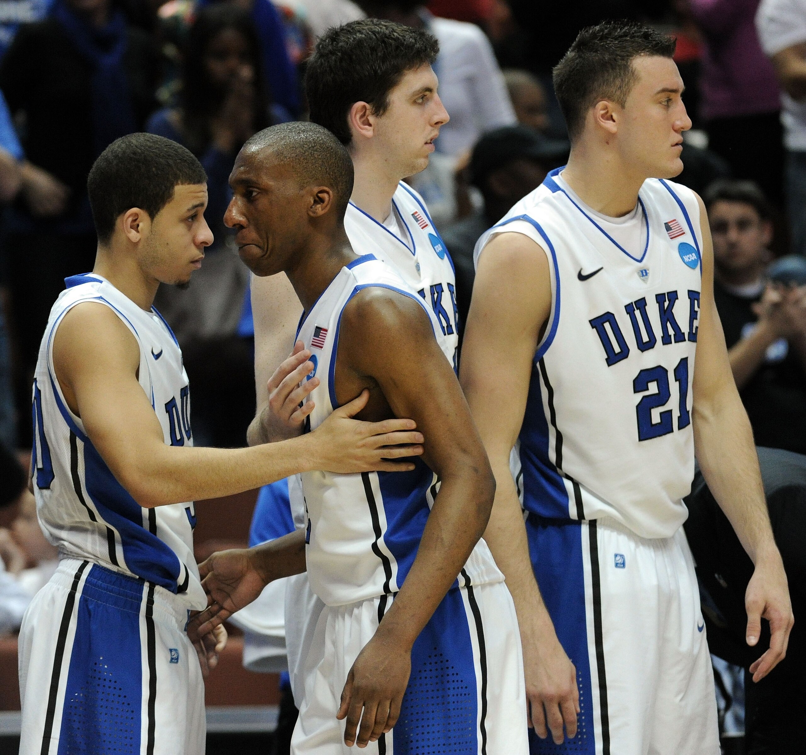 ANAHEIM, CA - MARCH 24:  Nolan Smith #2 of the Duke Blue Devils comes out of the games towards the end as teammates Ryan Kelly #34, Seth Curry #30 and Miles Plumlee #21 look on against the Arizona Wildcats during the west regional semifinal of the 2011 NC