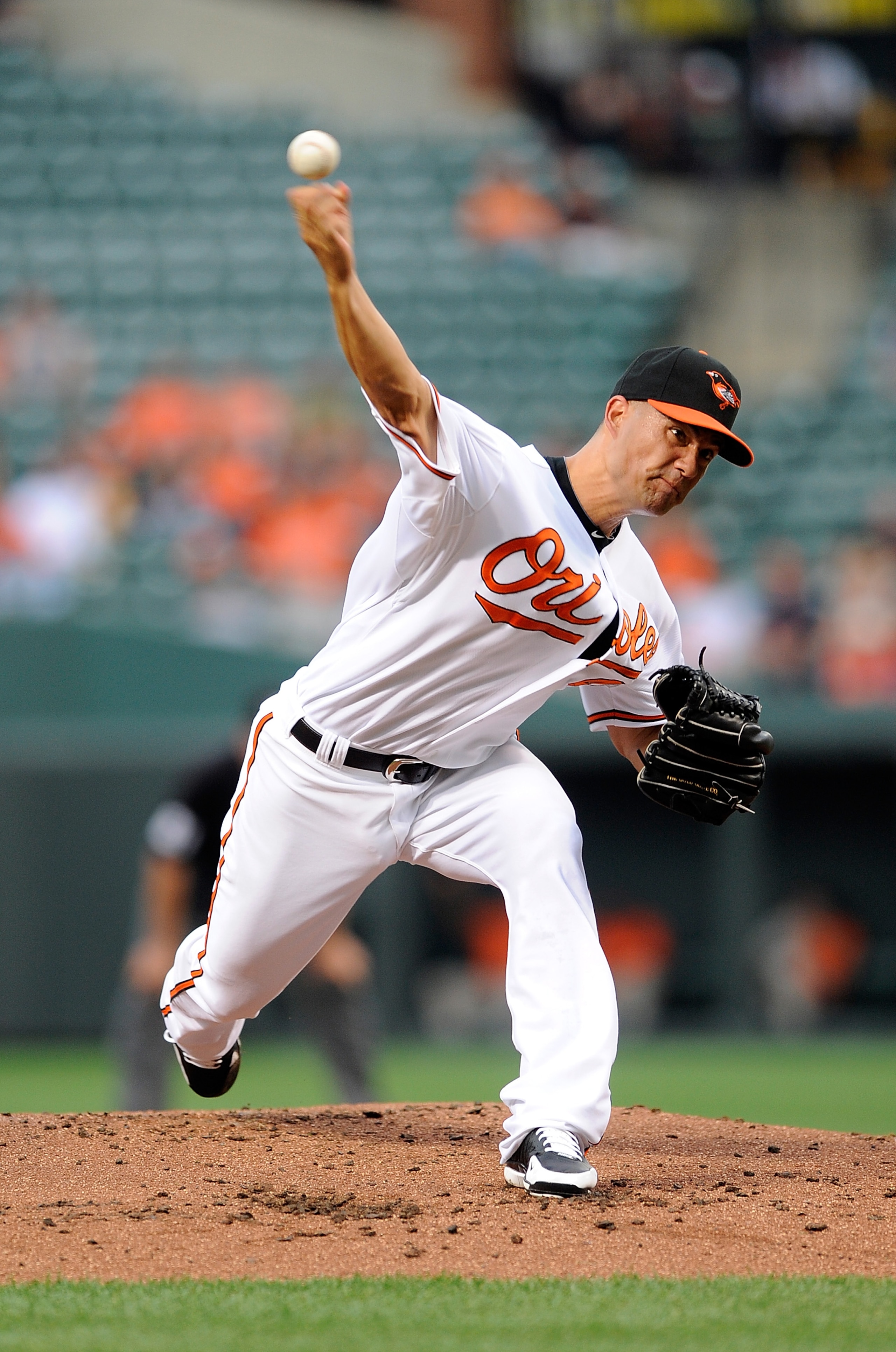 BALTIMORE - AUGUST 03:  Jeremy Guthrie #46 of the Baltimore Orioles pitches against the Los Angeles Angels of Anaheim at Camden Yards on August 3, 2010 in Baltimore, Maryland.  (Photo by Greg Fiume/Getty Images)