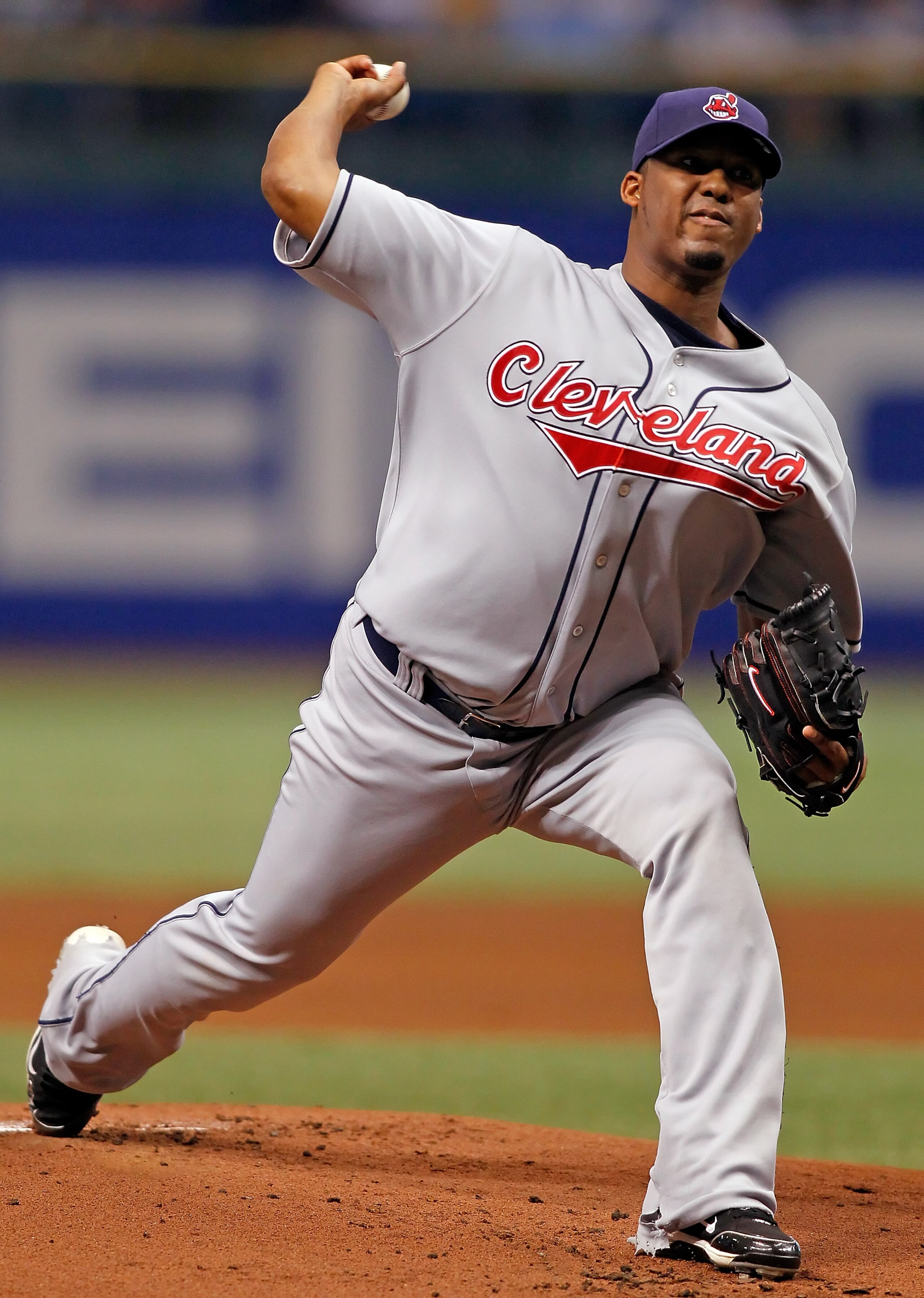 ST PETERSBURG, FL - MAY 17:  Pitcher Fausto Carmona #55 of the Cleveland Indians pitches against the Tampa Bay Rays during the game at Tropicana Field on May 17, 2010 in St. Petersburg, Florida.  (Photo by J. Meric/Getty Images)