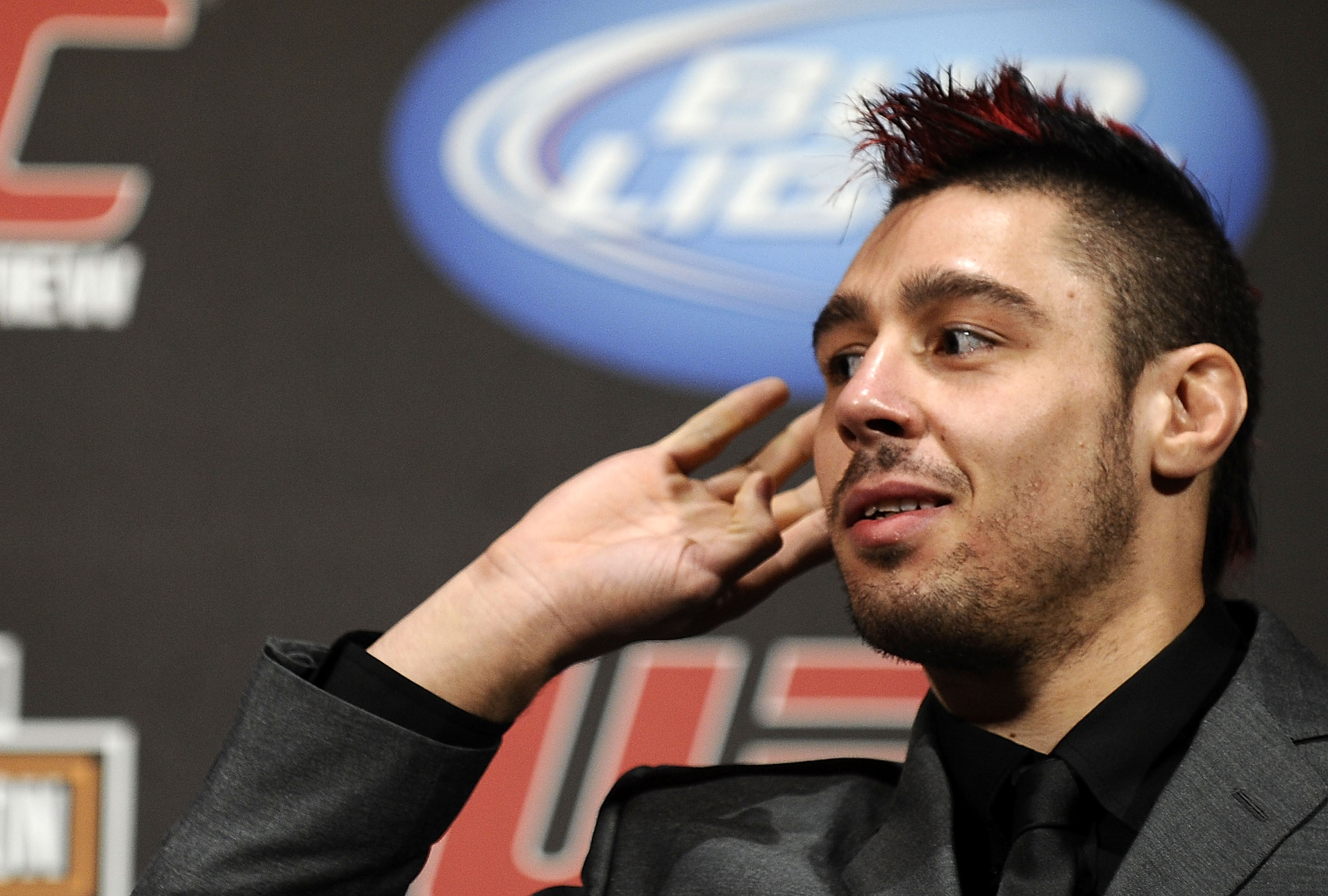 NEW YORK - MARCH 24:  Dan Hardy of Nottingham, UK  speaks at a press conference for UFC 111 at Radio City Music Hall on March 24, 2010 in New York City.  Hardy will face Georges St-Pierre of Montreal, Quebec, Canada in the Welterweight title bout.  (Photo
