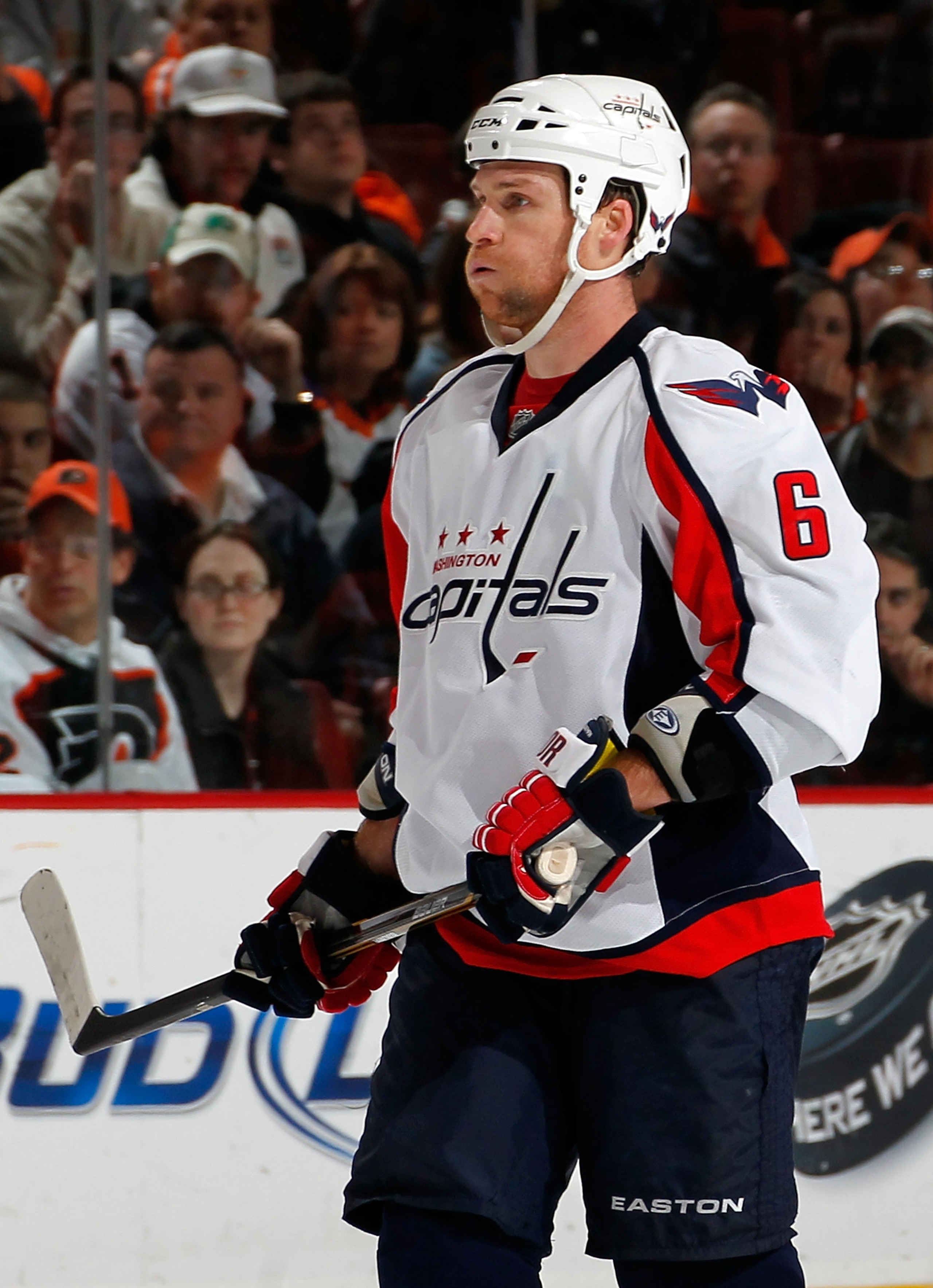 PHILADELPHIA, PA - MARCH 22: Dennis Wideman #6 of the Washington Capitals waits for a faceoff during an NHL hockey game against the Philadelphia Flyers at the Wells Fargo Center on March 22, 2011 in Philadelphia, Pennsylvania. (Photo by Paul Bereswill/G PHILADELPHIA, PA - MARCH 22: Dennis Wideman #6 of the Washington Capitals waits for a faceoff during an NHL hockey game against the Philadelphia Flyers at the Wells Fargo Center on March 22, 2011 in Philadelphia, Pennsylvania. (Photo by Paul Bereswill/G