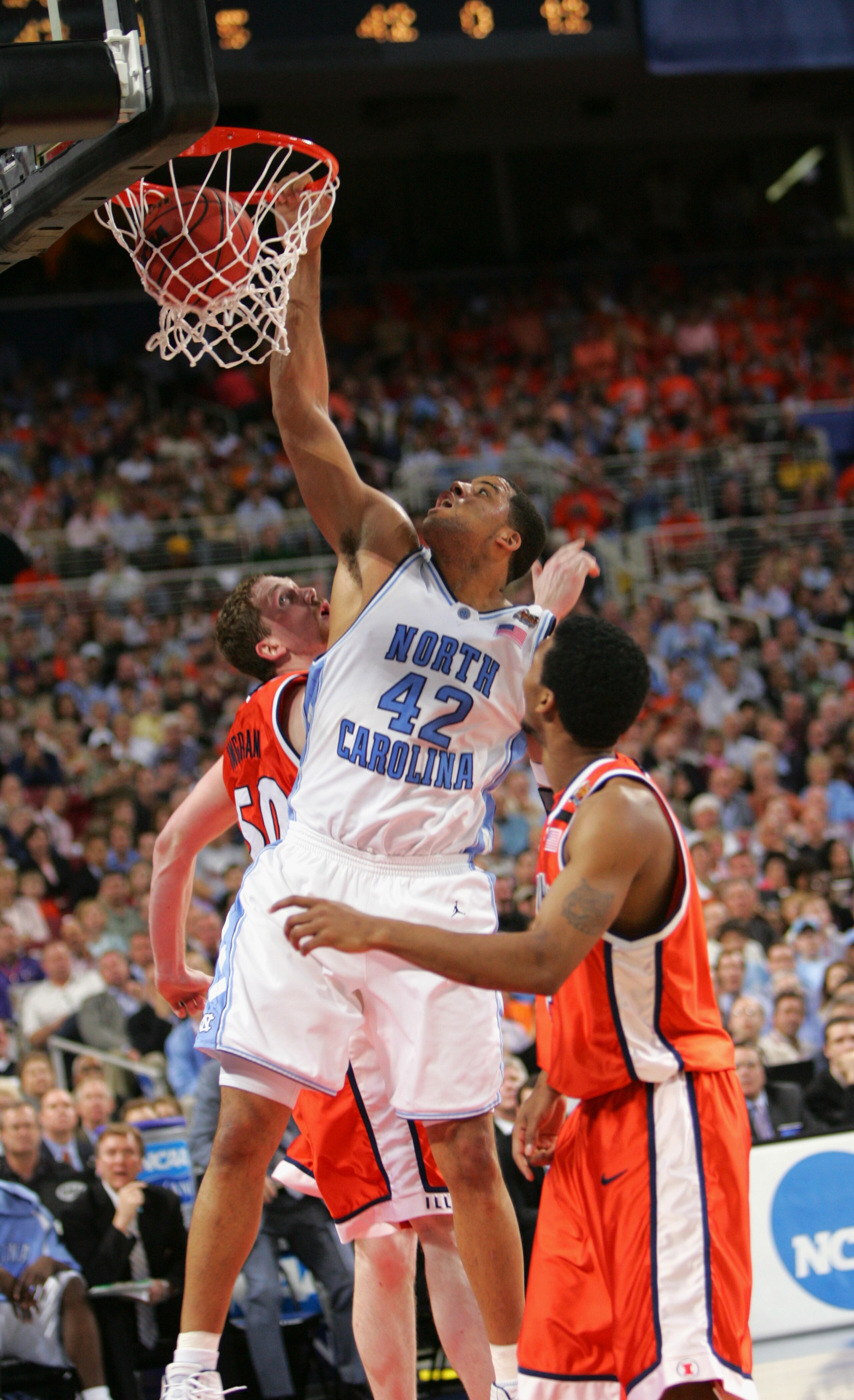 ST. LOUIS, MO - APRIL 4:  Sean May #42 of the North Carolina Tar Heels shoots against the Illinois Fighting Illini during the NCAA Men's National Championship at the Edward Jones Dome on April 4, 2005 in St. Louis, Missouri.  The Tar Heels won 75-70.  (Ph