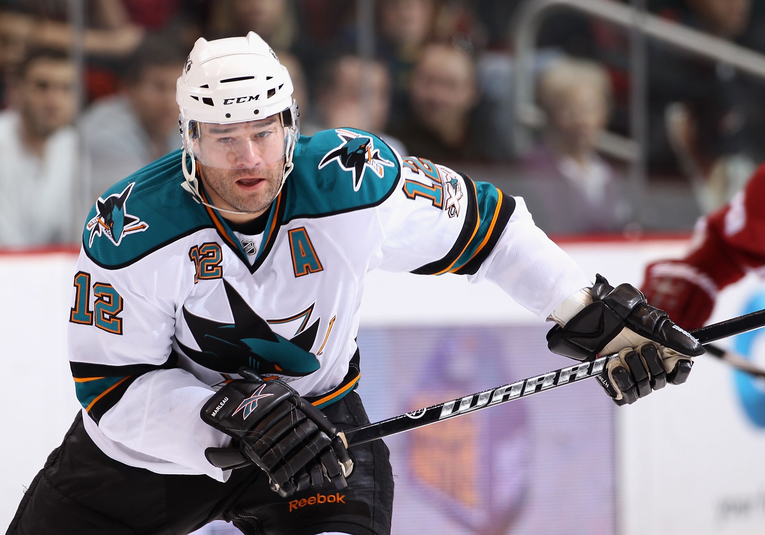 GLENDALE, AZ - JANUARY 17:  Patrick Marleau #12 of the San Jose Sharks skates during the NHL game against the Phoenix Coyotes at Jobing.com Arena on January 17, 2011 in Glendale, Arizona.  The Sharks defeated the Coyotes 4-2.  (Photo by Christian Petersen