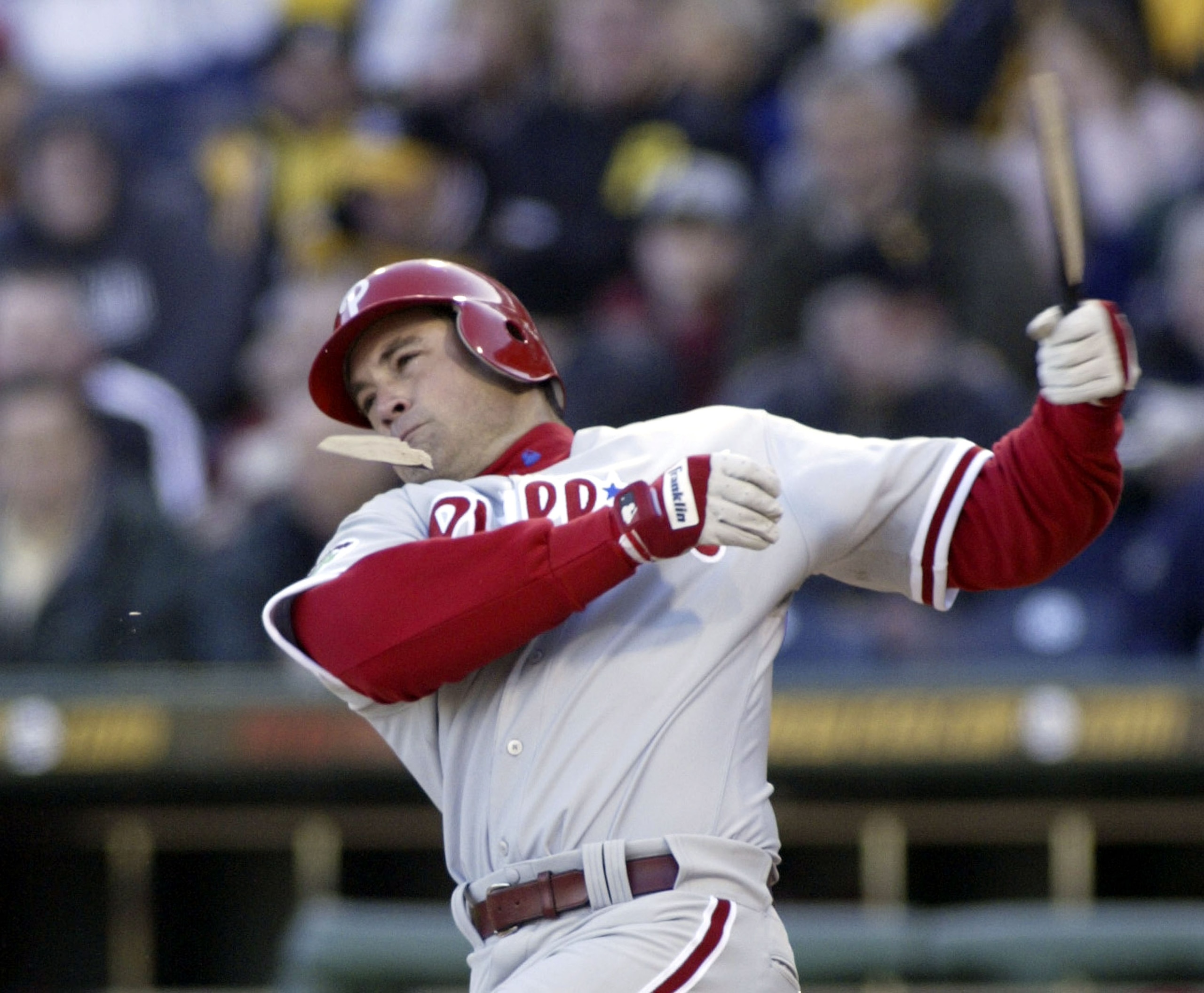 PITTSBURGH - APRIL 5:  Pat Burrell #5 of the Philadelphia Phillies breaks his bat against the Pittsburgh Pirates on April 5, 2004 at PNC Park in Pittsburgh, Pennsylvania.  (Photo by Rick Stewart/Getty Images)