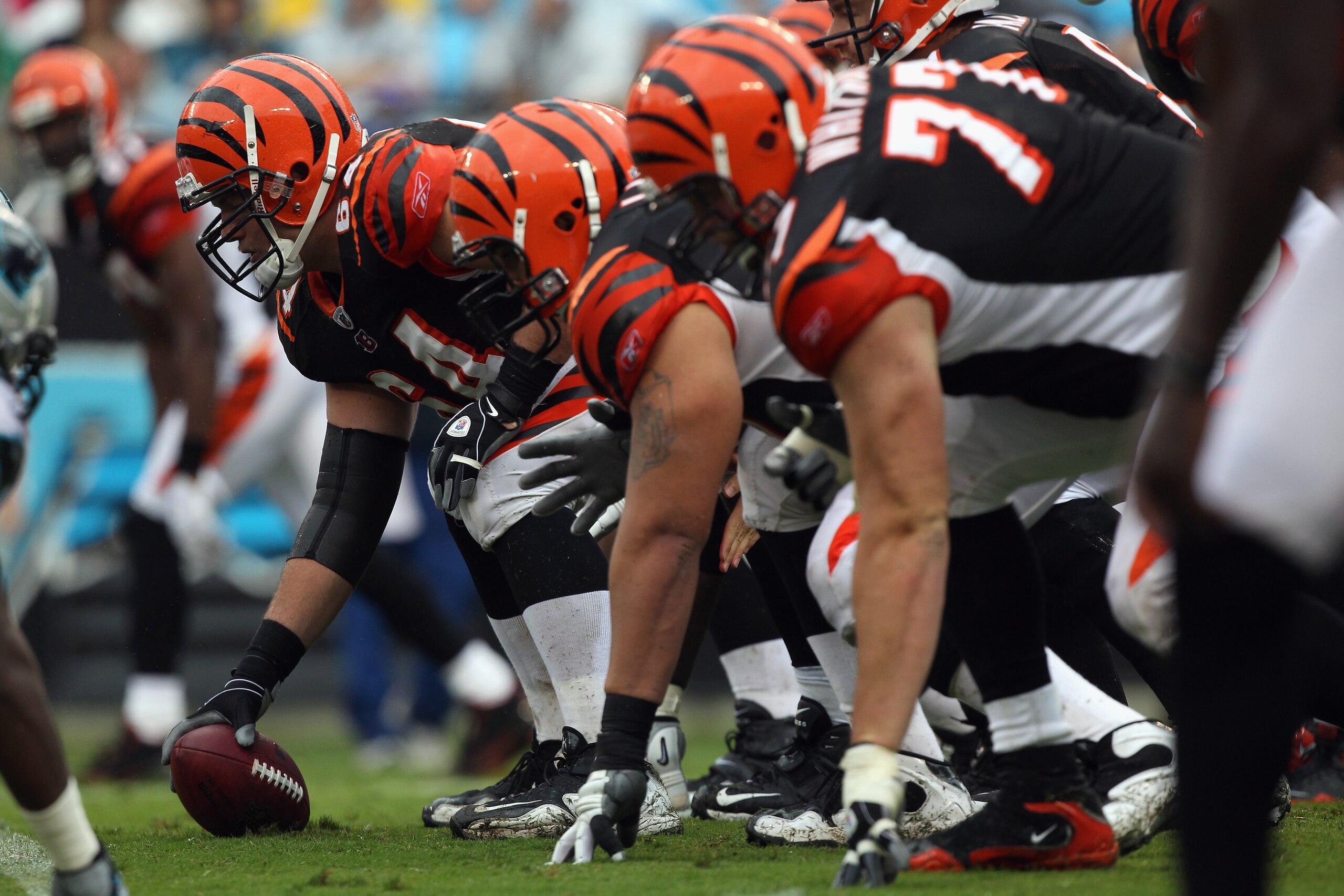 CHARLOTTE, NC - SEPTEMBER 26:  The offensive line of the Cincinnati Bengals against the Carolina Panthers during their game at Bank of America Stadium on September 26, 2010 in Charlotte, North Carolina.  (Photo by Streeter Lecka/Getty Images)