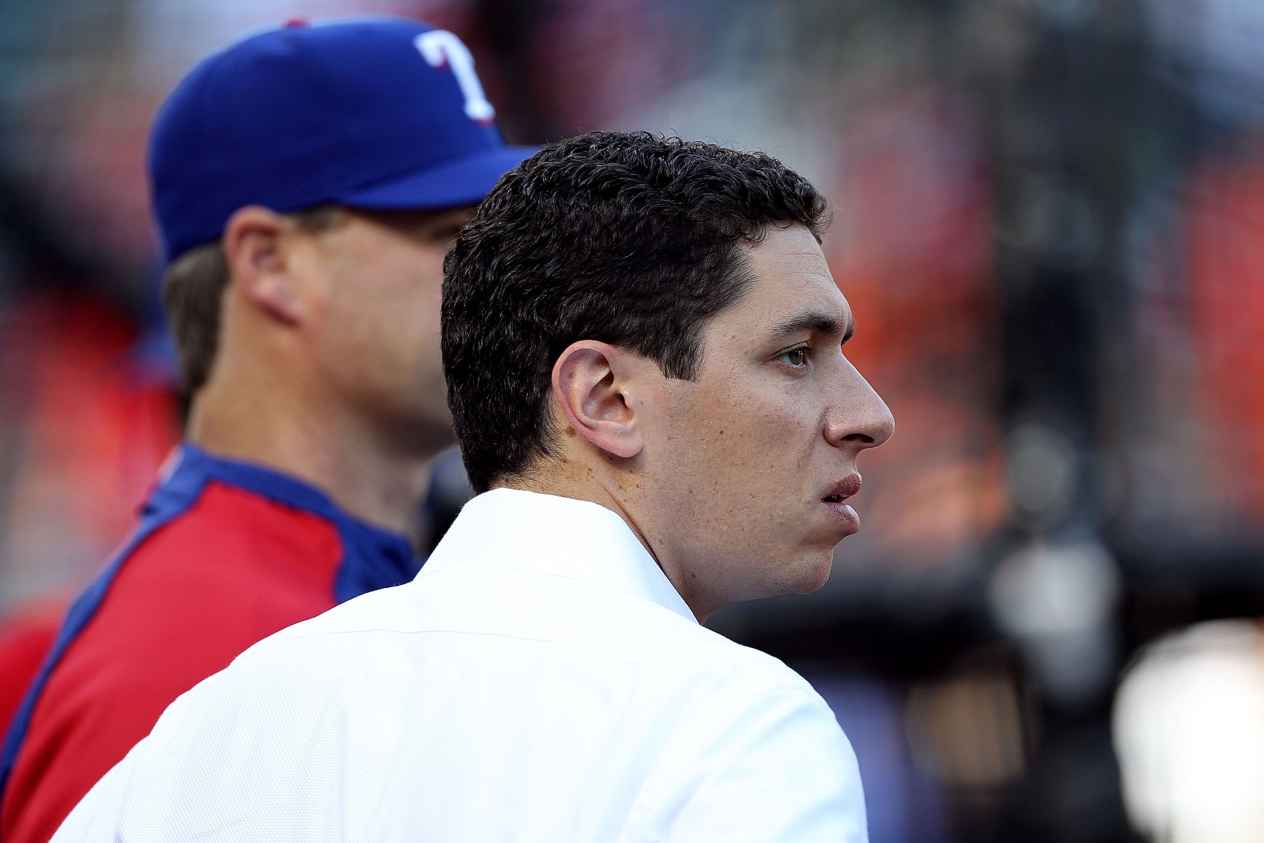 ARLINGTON, TX - NOVEMBER 01:  General Manager Jon Daniels of the Texas Rangers looks on during batting practice against the San Francisco Giants in Game Five of the 2010 MLB World Series at Rangers Ballpark in Arlington on November 1, 2010 in Arlington, T