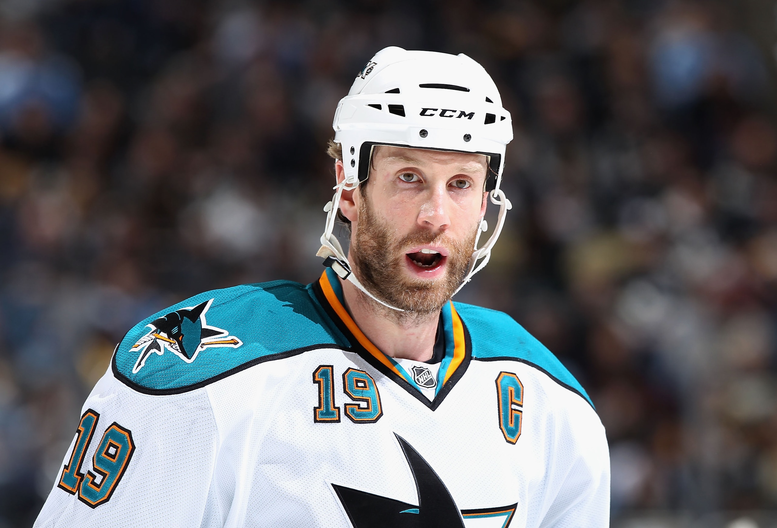 PITTSBURGH, PA - FEBRUARY 23:  Joe Thornton #19 of the San Jose Sharks during the NHL game against the Pittsburgh Penguins at Consol Energy Center on February 23, 2011 in Pittsburgh, Pennsylvania. The Sharks defeated the Penguins 3-2 in overtime.  (Photo