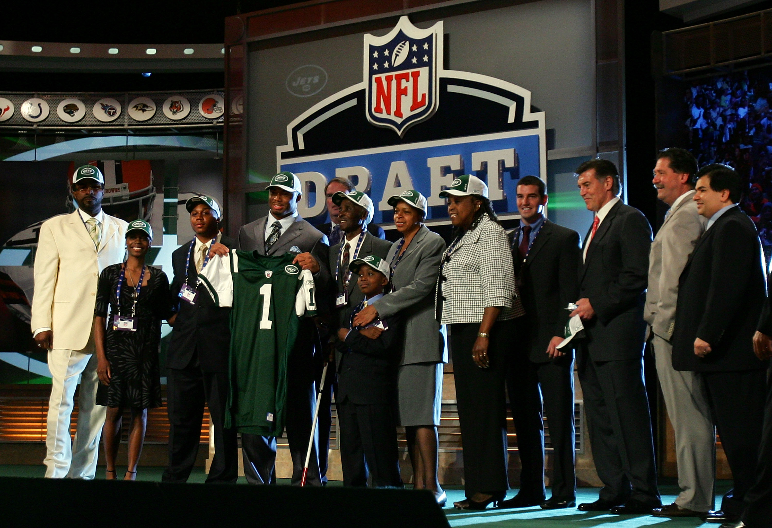 NEW YORK - APRIL 26:  Vernon Gholston poses for a photo after being selected as the sixth overall pick by the New York Jets with family and friends during the 2008 NFL Draft on April 26, 2008 at Radio City Music Hall in New York City.  (Photo by Jim McIsa
