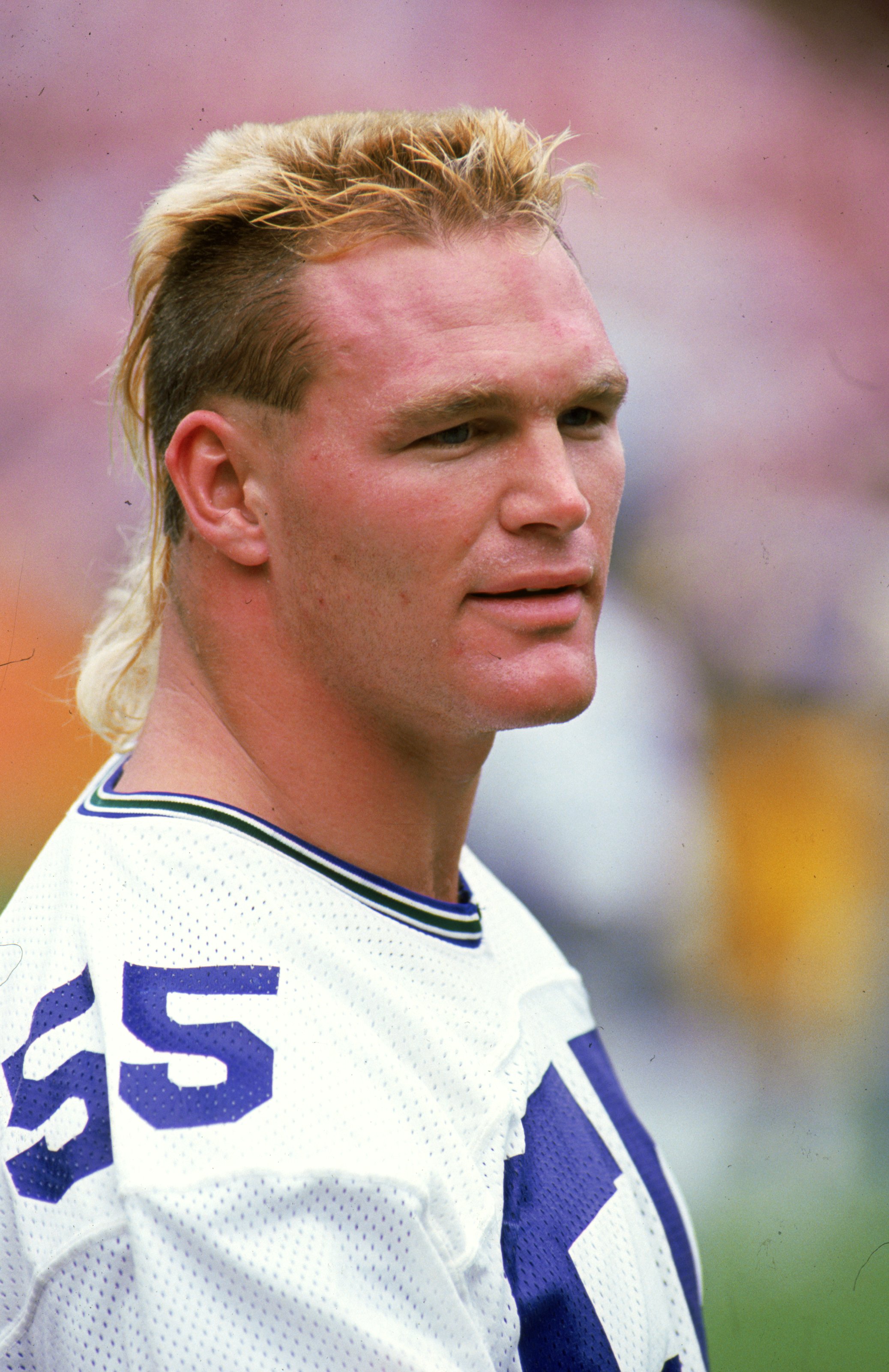 23 Oct 1988: A close up of Brian Bosworth #55 of the Seattle Seahawks as he looks on during the game against the Los Angeles Rams. The Rams defeated the Seahawks 31-10.