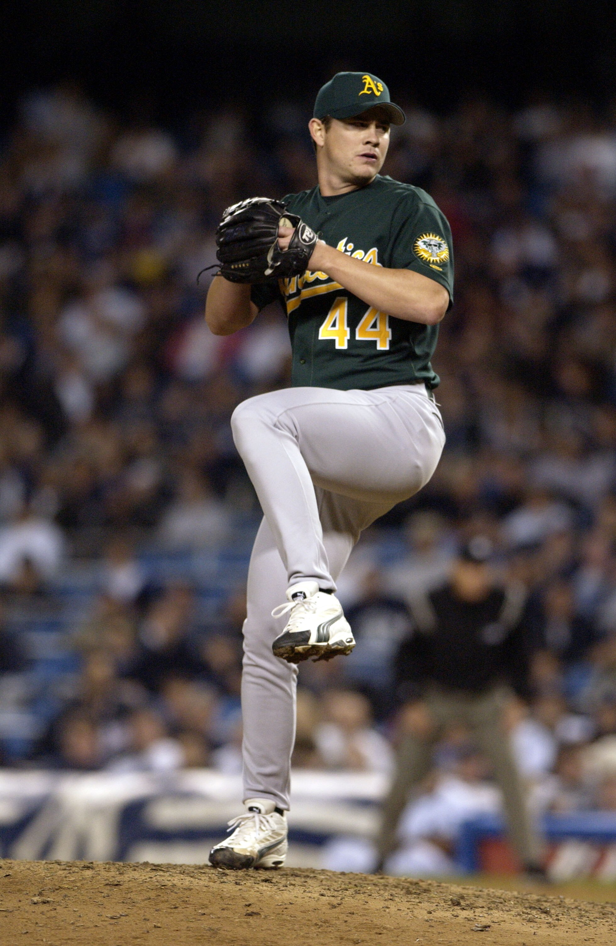10 Oct 2001:  Jason Isringhausen #44 pitcher for the Oakland A's throws in game one of their American League Division Series versus the New York Yankees at Yankee Stadium in New York,  New York.  The A's won 5-3 .  DIGITAL IMAGE.  Mandatory Credit:   Ezra