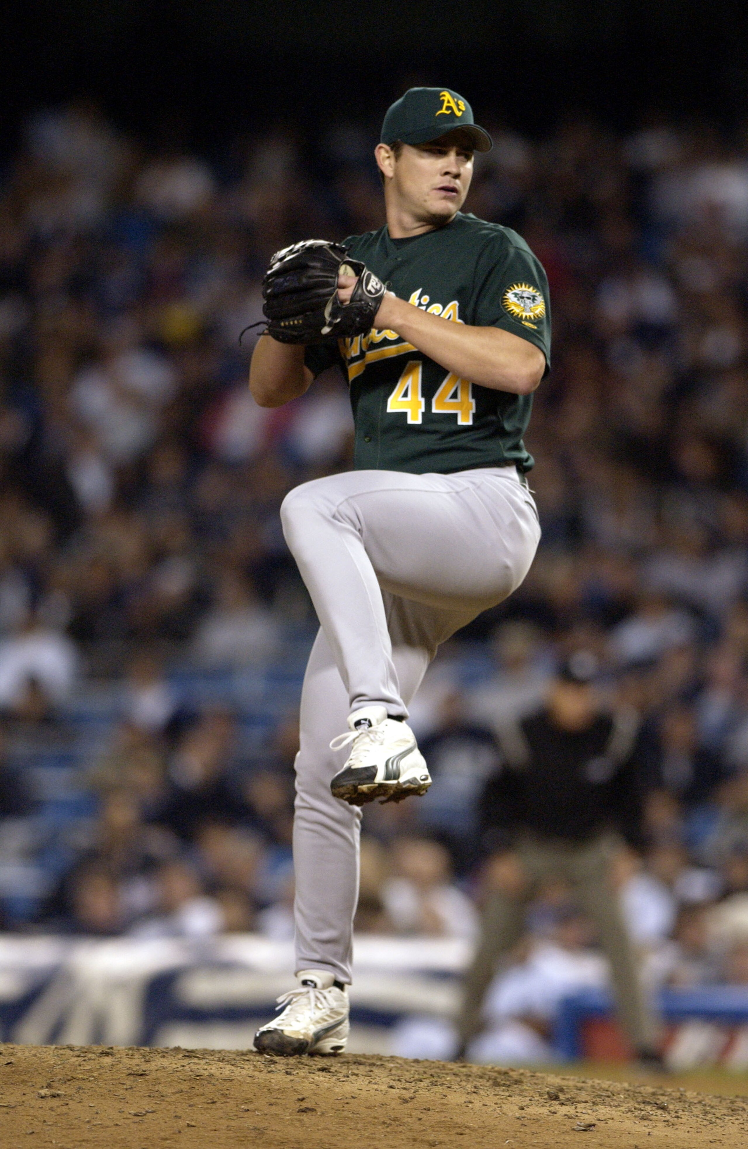 10 Oct 2001: Jason Isringhausen #44 pitcher for the Oakland A's throws in game one of their American League Division Series versus the New York Yankees at Yankee Stadium in New York, New York. The A's won 5-3 . DIGITAL IMAGE. Mandatory Credit: Ezra 10 Oct 2001: Jason Isringhausen #44 pitcher for the Oakland A's throws in game one of their American League Division Series versus the New York Yankees at Yankee Stadium in New York, New York. The A's won 5-3 . DIGITAL IMAGE. Mandatory Credit: Ezra