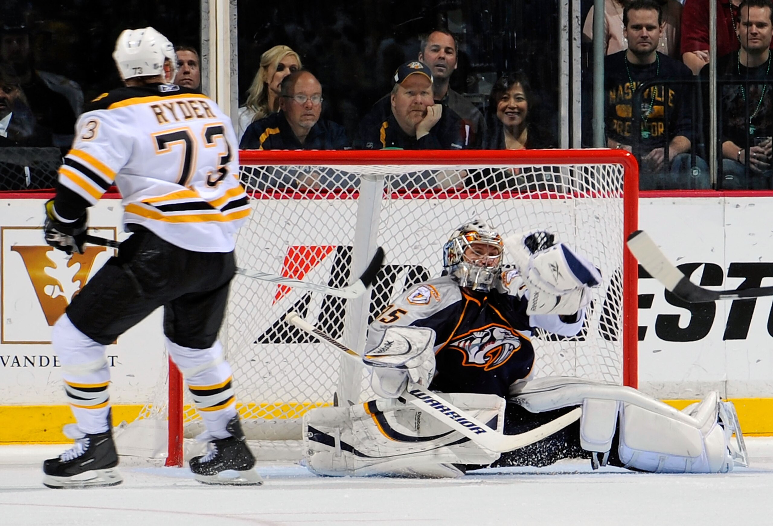 NASHVILLE, TN - MARCH 17:  Pekka Rinne #35 of the Nashville Predators makes a save on a shot by Michael Ryder #73 of the Boston Bruins on March 17, 2011 at the Bridgestone Arena in Nashville, Tennessee.  (Photo by Frederick Breedon/Getty Images)