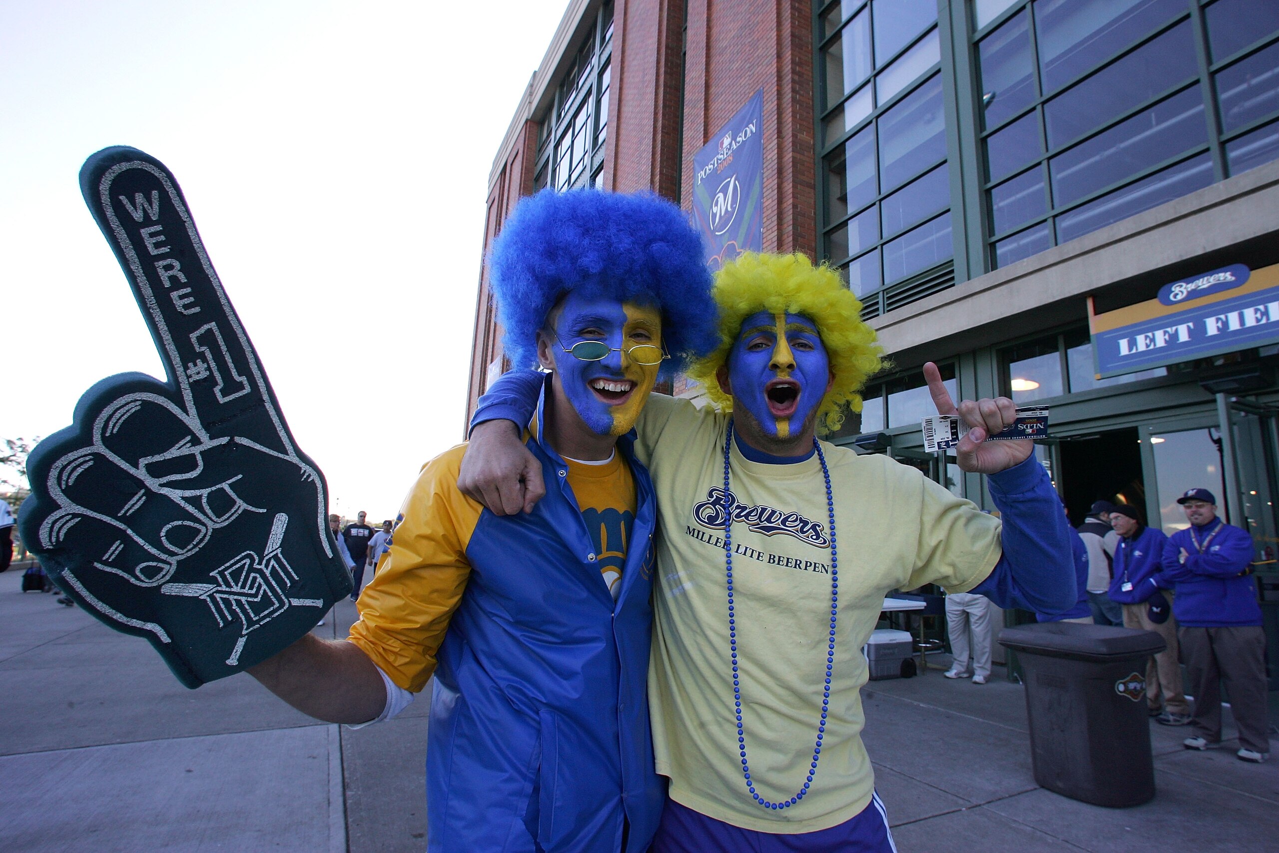 MILWAUKEE - OCTOBER 04:  (L-R) Josh Swan and Troy Saddy, fans of the Milwaukee Brewers, support their team against the Philadelphia Phillies in Game three of the NLDS during the 2008 MLB playoffs at Miller Park on October 4, 2008 in Milwaukee, Wisconsin.