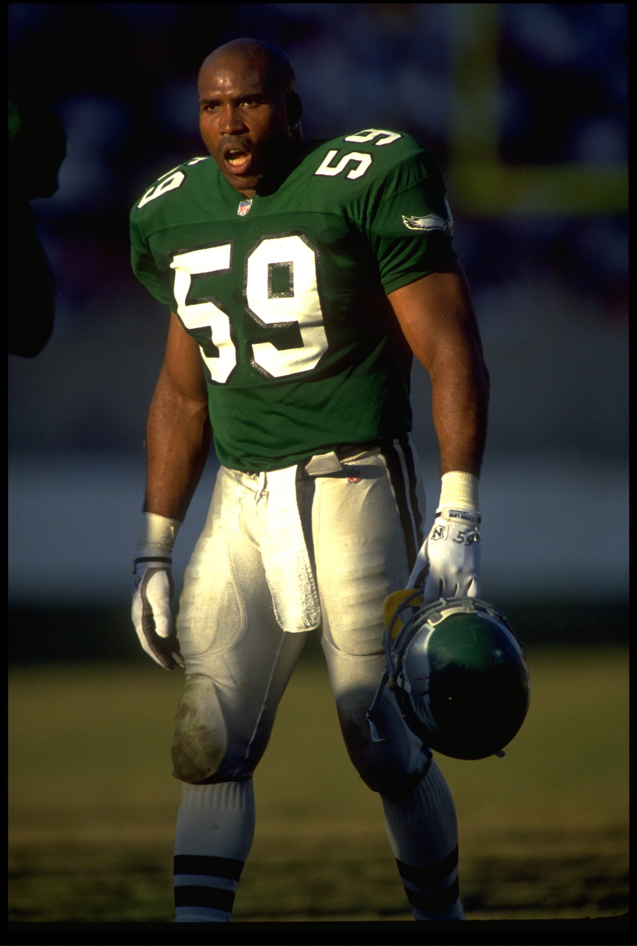 7 NOV 1993:  PHILADELPHIA EAGLES DEFENSIVE LINEBACKER SETH JOYNER TRIES TO 'FIRE-UP' THE EAGLE OFFENSE DURING THE EAGLES 16-3 LOSS TO THE PHOENIX CARDINALS AT SUN DEVIL STADIUM IN TEMPE, ARIZONA.