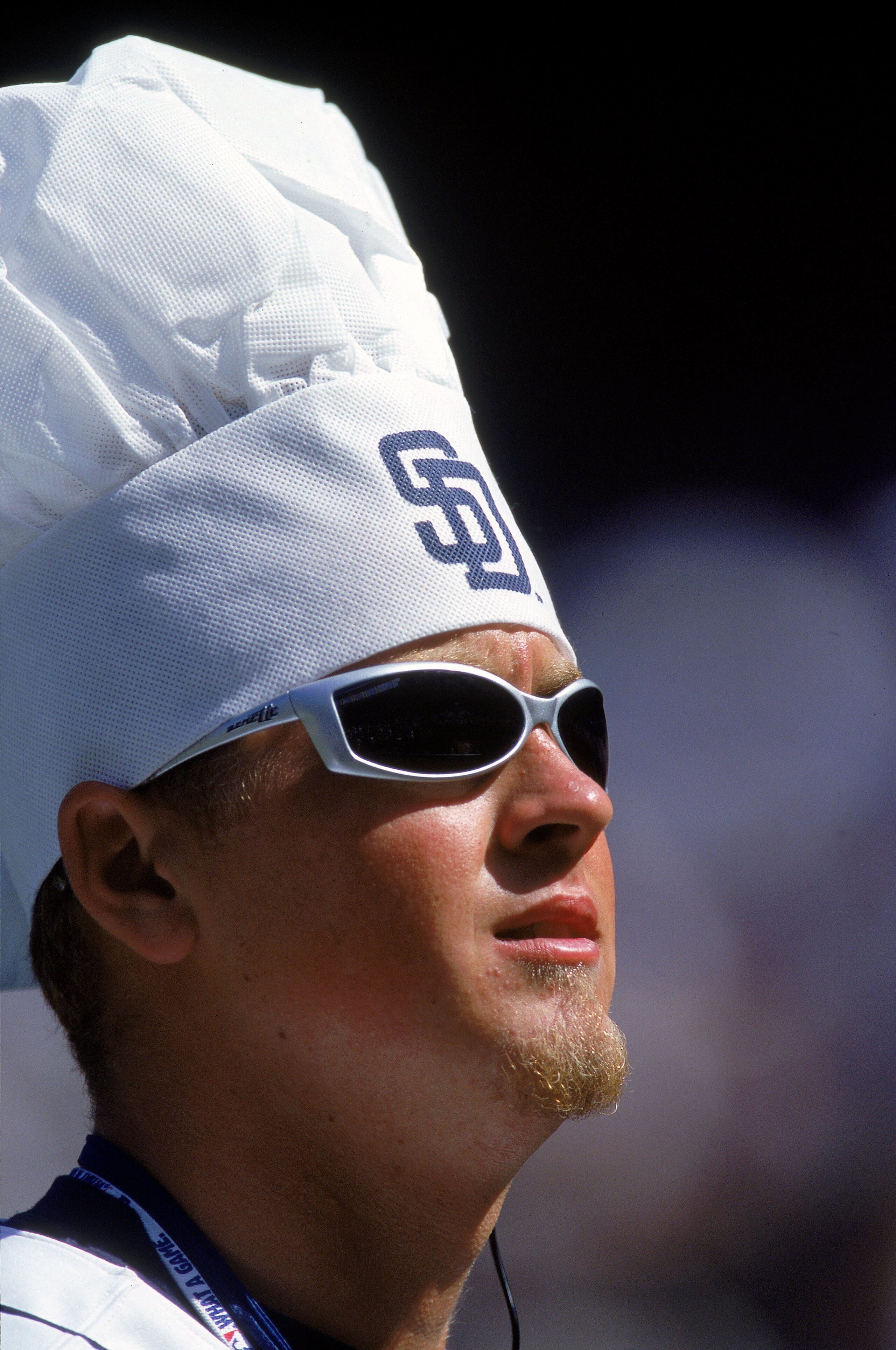 18 Jun 2000:  A fan of the San Diego Padres wears a Father's Day Giveaway Hat during the game against the Cincinnati Reds at Qualcomm Stadium in San Diego, California.  The Padres defeated the Reds 8-7.Mandatory Credit: Stephen Dunn  /Allsport