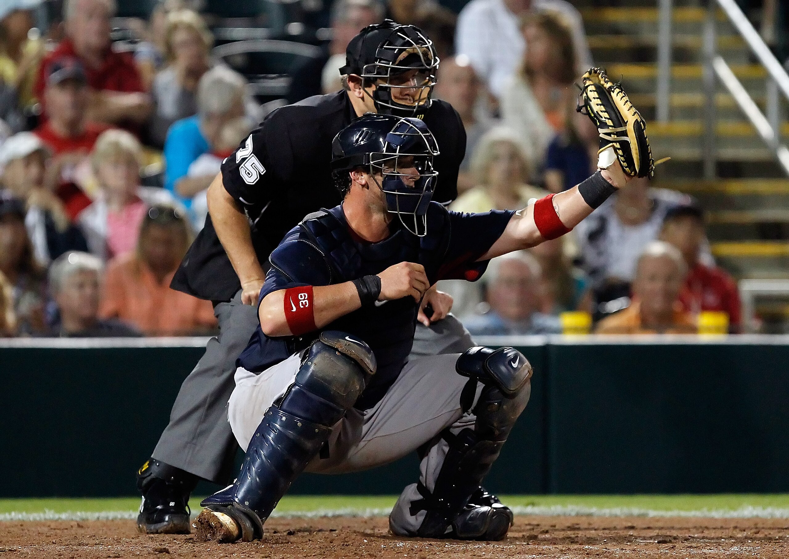 FORT MYERS, FL - FEBRUARY 27:  Catcher Jarrod Saltalamacchia #39 of the Boston Red Sox catches against the Minnesota Twins during a Grapefruit League Spring Training Game at Hammond Stadium on February 27, 2011 in Fort Myers, Florida.  (Photo by J. Meric/