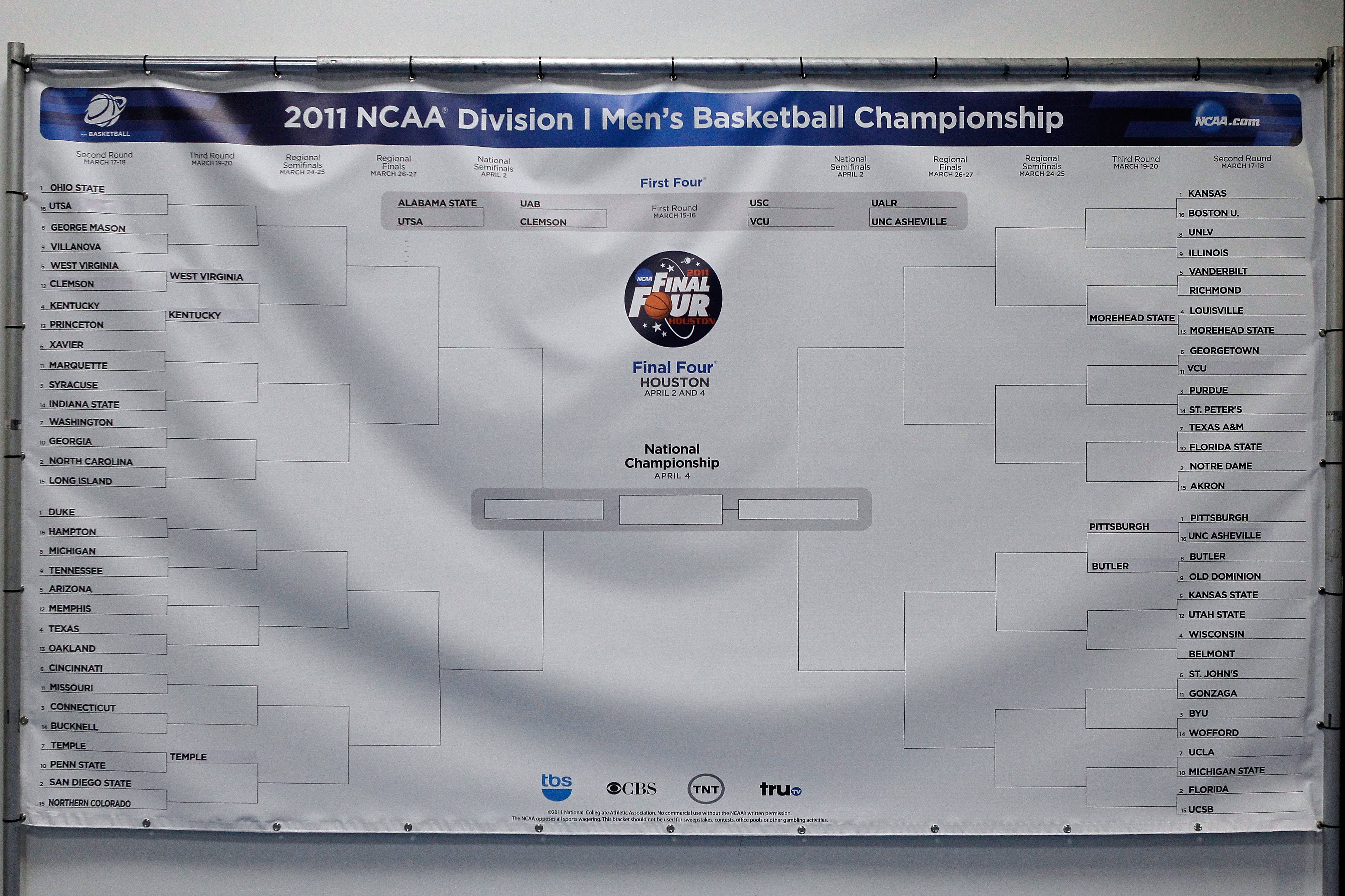 TAMPA, FL - MARCH 17:  A banner with the Men's NCAA Basketball Tournament BRacket is seen during the second round of the 2011 NCAA men's basketball tournament at St. Pete Times Forum on March 17, 2011 in Tampa, Florida.  (Photo by J. Meric/Getty Images)
