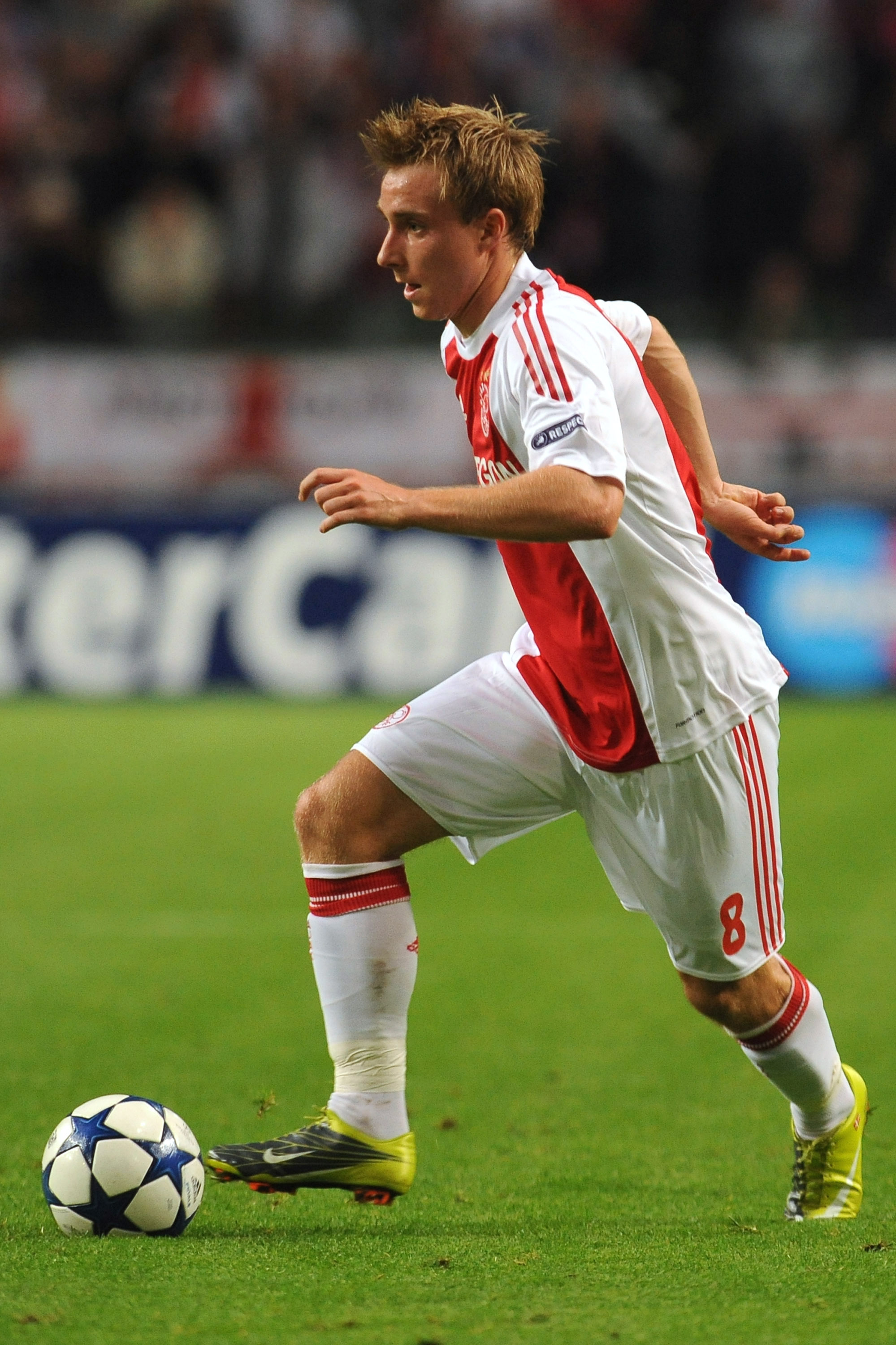 AMSTERDAM, NETHERLANDS - AUGUST 25:  Christian Eriksen of AFC Ajax in action during the Champions League Play-off match between AFC Ajax and FC Dynamo Kiev at Amsterdam Arena on August 25, 2010 in Amsterdam, Netherlands.  (Photo by Valerio Pennicino/Getty