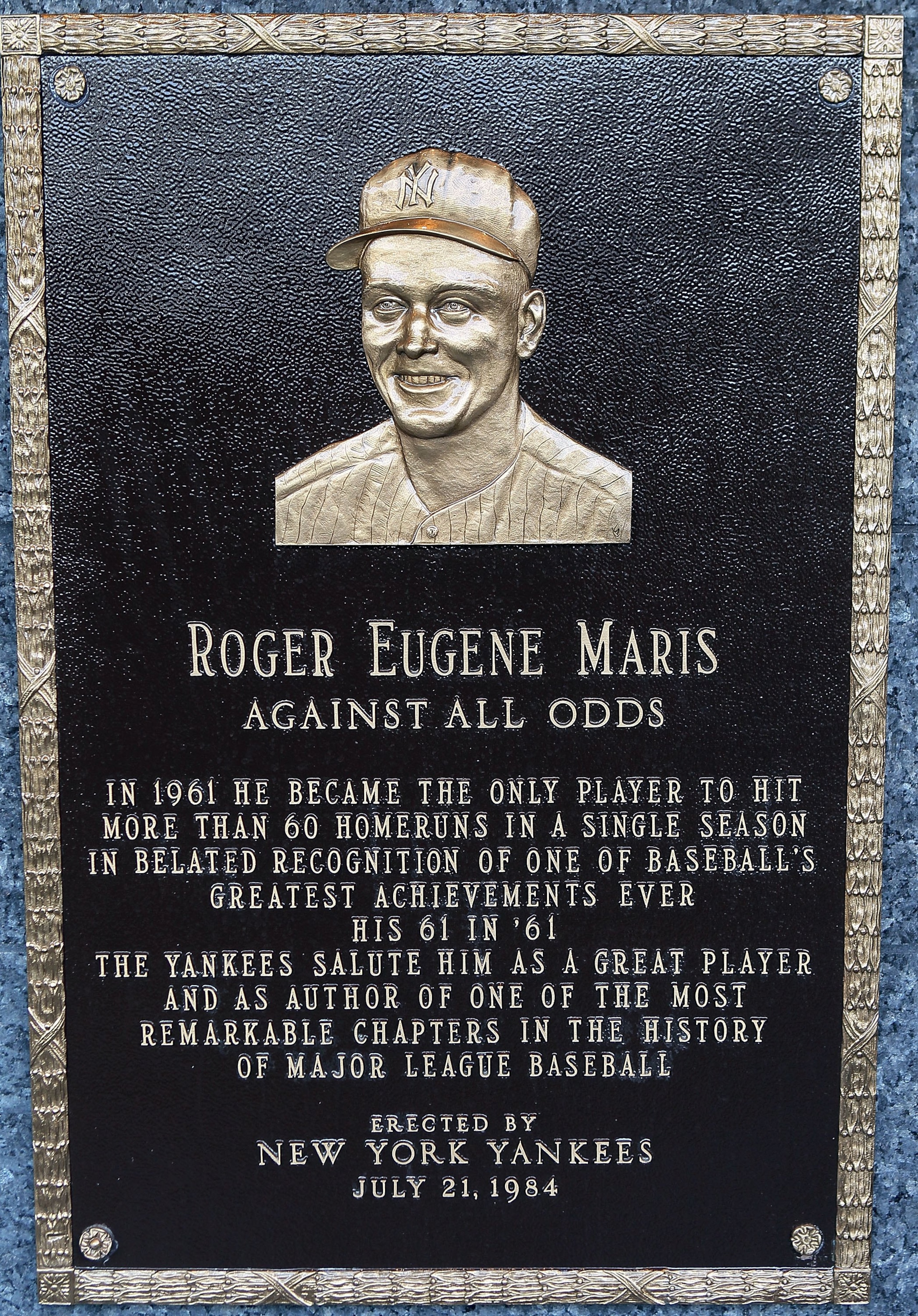 NEW YORK - MAY 02:  The plaque of Roger Maris is seen in Monument Park at Yankee Stadium prior to the game between the New York Yankees and the Chicago White Sox on May 2, 2010 in the Bronx borough of New York City. The Yankees defeated the White Sox 12-3