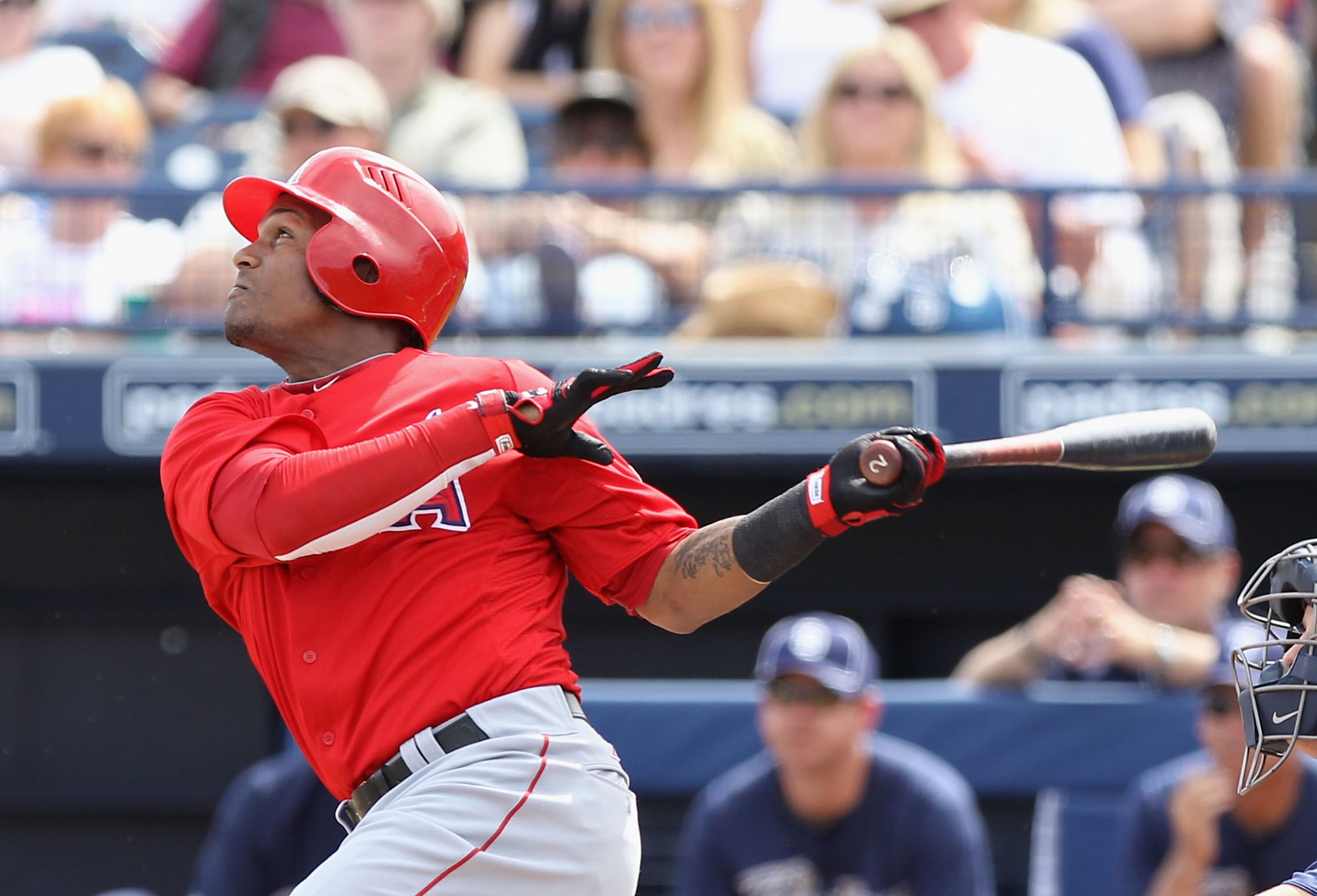 PEORIA, AZ - MARCH 15:  Erick Aybar #2 of the Los Angeles Angels of Anaheim bats against the San Diego Padres during the spring training game at Peoria Stadium on March 15, 2011 in Peoria, Arizona.  (Photo by Christian Petersen/Getty Images)