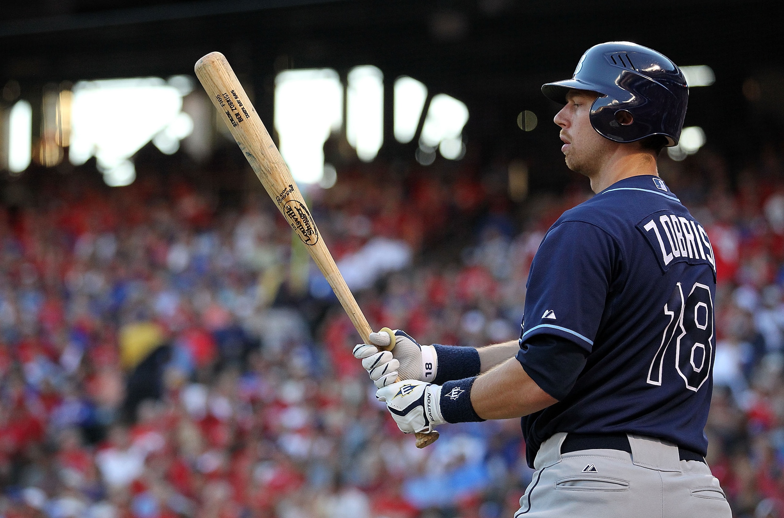 ARLINGTON, TX - OCTOBER 09:  Ben Zobrist #18 of the Tampa Bay Rays on deck against the Texas Rangers during game 3 of the ALDS at Rangers Ballpark in Arlington on October 9, 2010 in Arlington, Texas.  (Photo by Ronald Martinez/Getty Images)