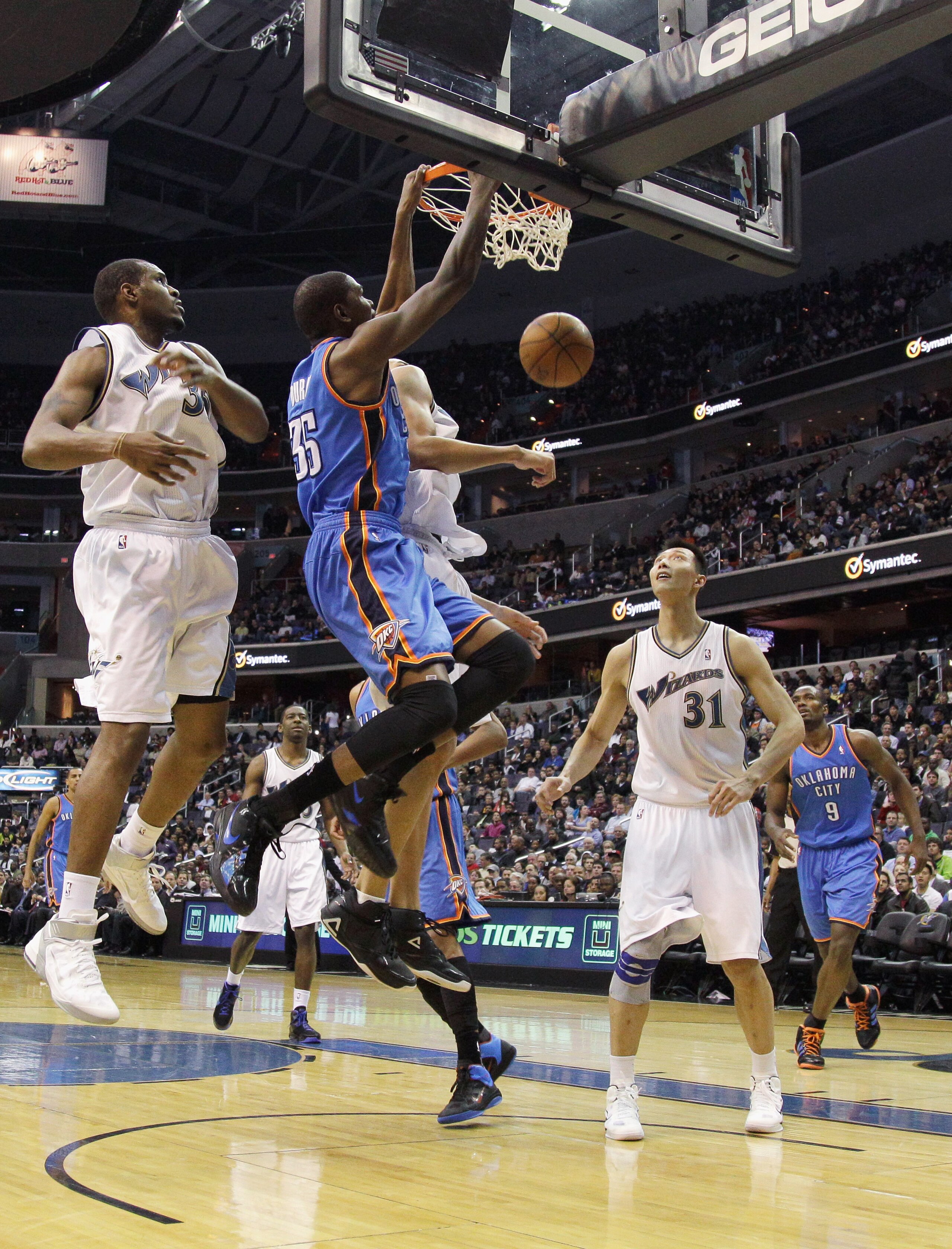 WASHINGTON, DC - MARCH 14: Kevin Durant #35 of the Oklahoma City Thunder dunks against the Washington Wizarads  during the first half at the Verizon Center on March 14, 2011 in Washington, DC. NOTE TO USER: User expressly acknowledges and agrees that, by