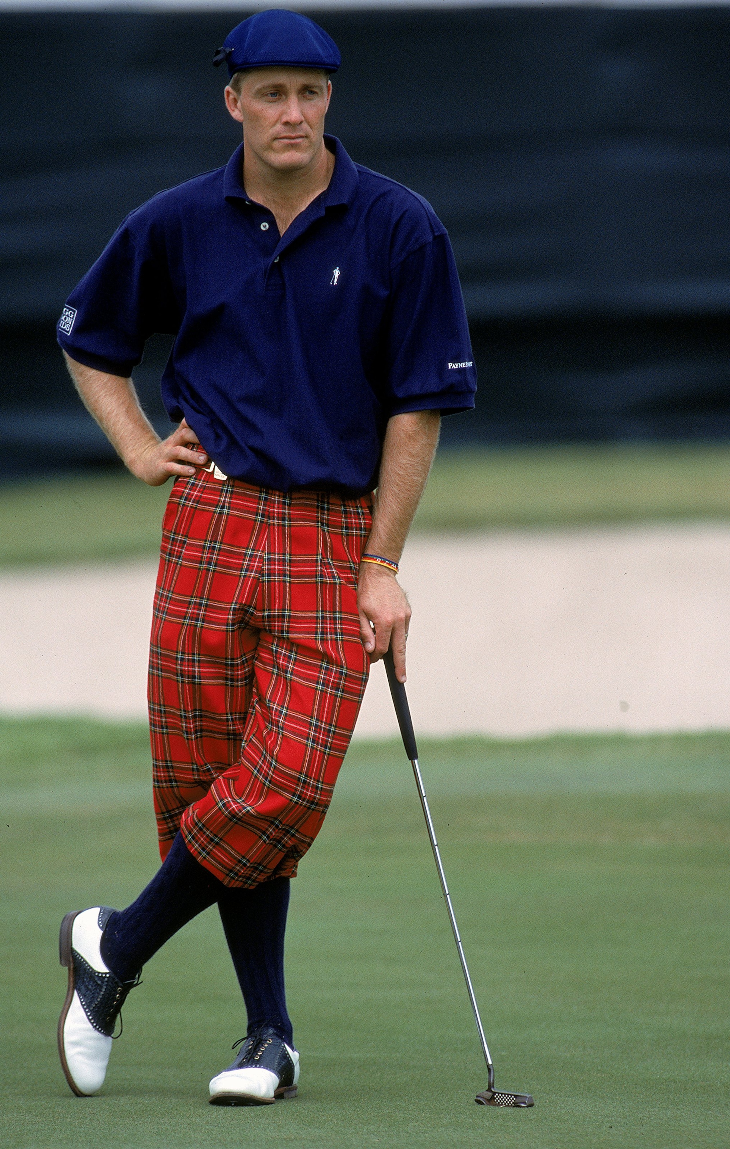 31 Oct 1999: Stuart Appleby leans on his club as he wears knickers in honor of Payne Stewart during The Tour Championship at the Champions Golf Club in Houston, Texas.