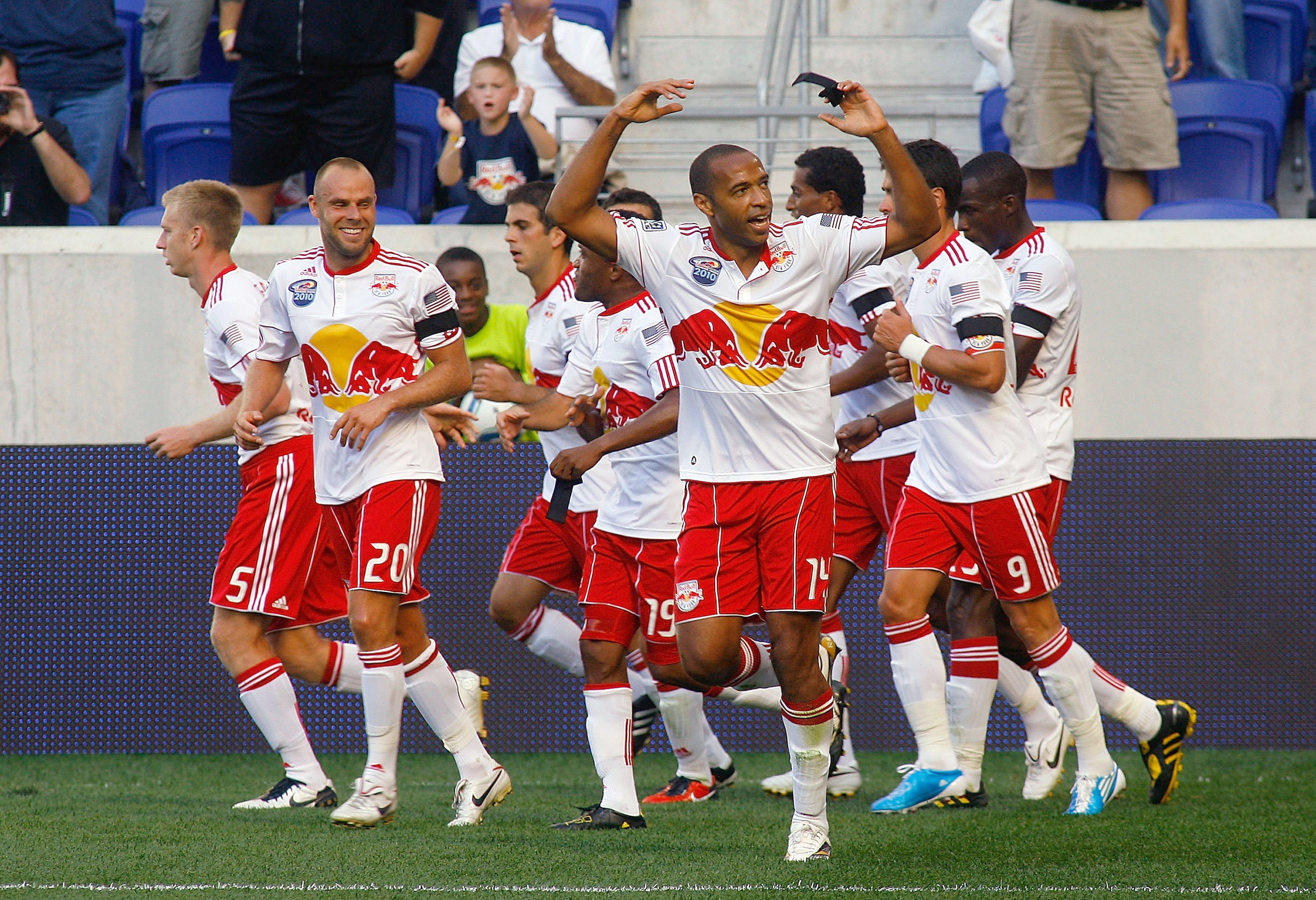 HARRISON, NJ - SEPTEMBER 11: Thierry Henry #14 of the New York Red Bulls acknowledges the fans after scoring a first half goal against the Colorado Rapids during the game at Red Bull Arena on September 11, 2010 in Harrison, New Jersey. The Red Bulls defea