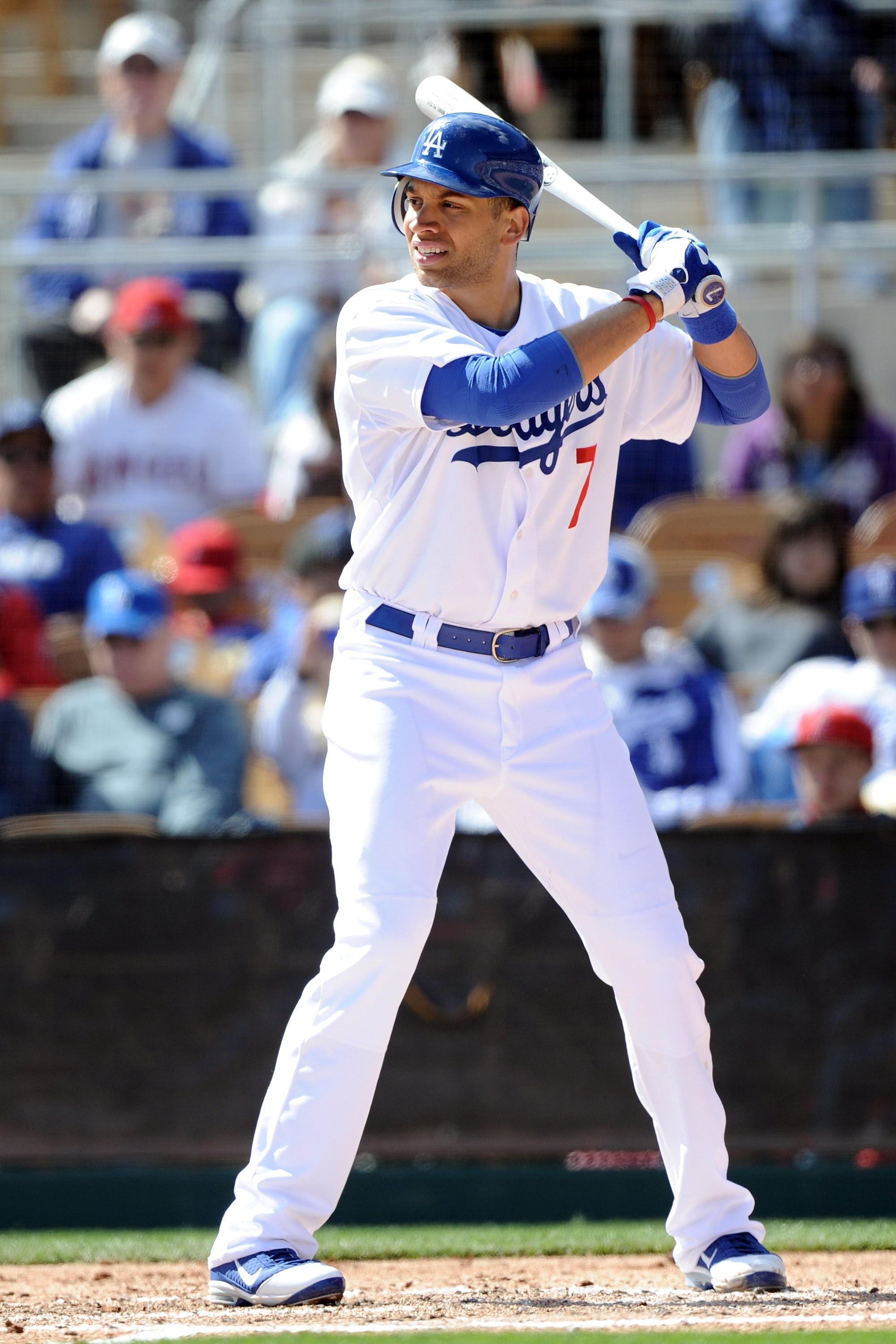 PHOENIX, AZ - FEBRUARY 27:  James Loney #7 of the Los Angeles Dodgers at bat during spring training at Camelback Ranch on February 27, 2011 in Phoenix, Arizona.  (Photo by Harry How/Getty Images)